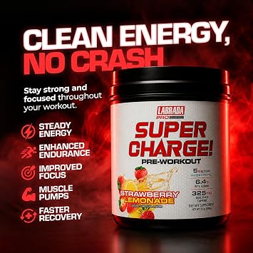 Labrada Pro Series Super Charge Pre-Workout Powder for Men & Women Strawberry Lemonade 8g L-Citrulline, 5g Creatine, 325mg Caffeine, PeakO2 & TeaCrine Energy, Pump & Endurance