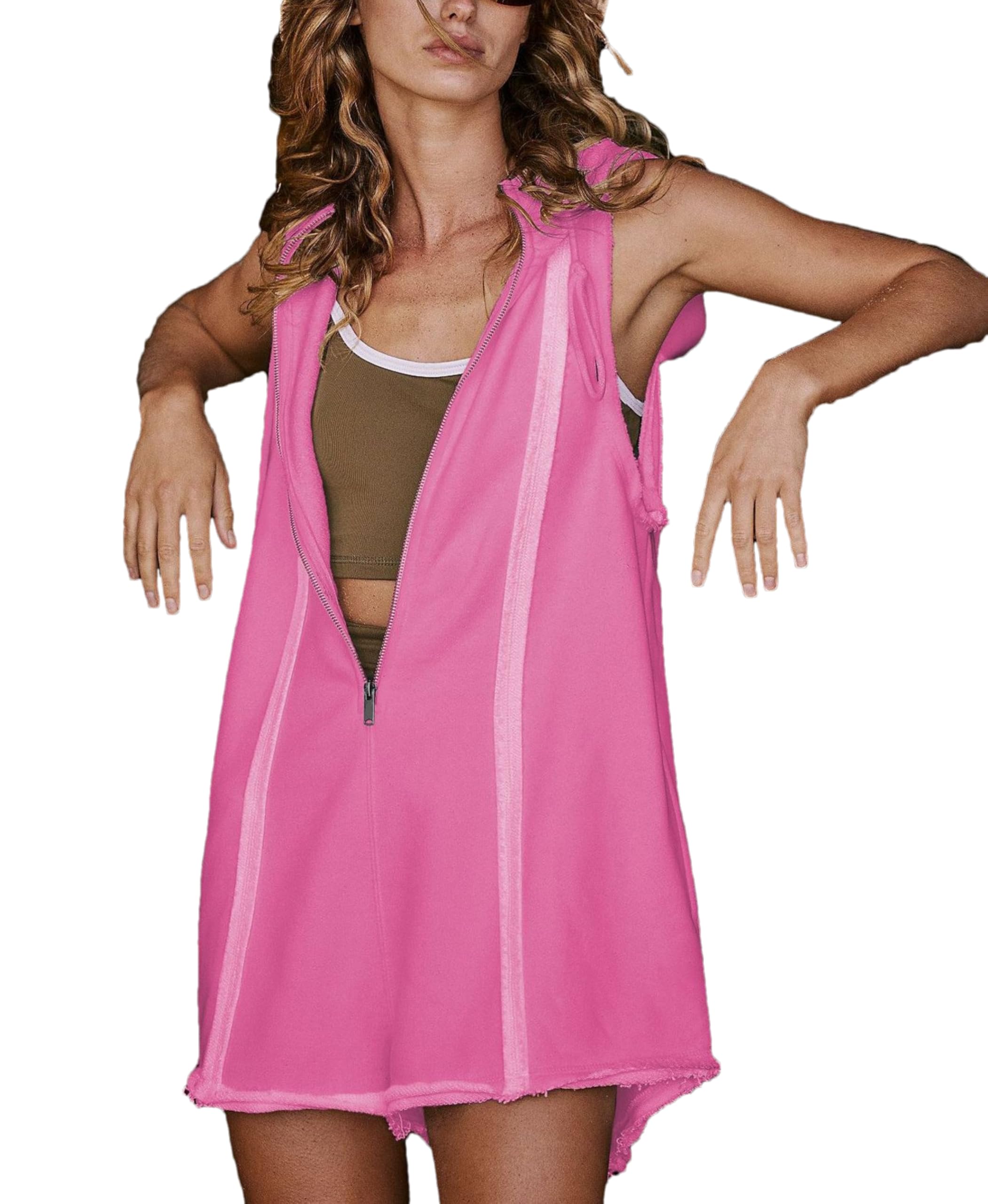 Lingjiazi Rompers for Women Athletic Workout Hooded Romper Sleeveless Zip-Front Jumpsuits Overalls with Pockets