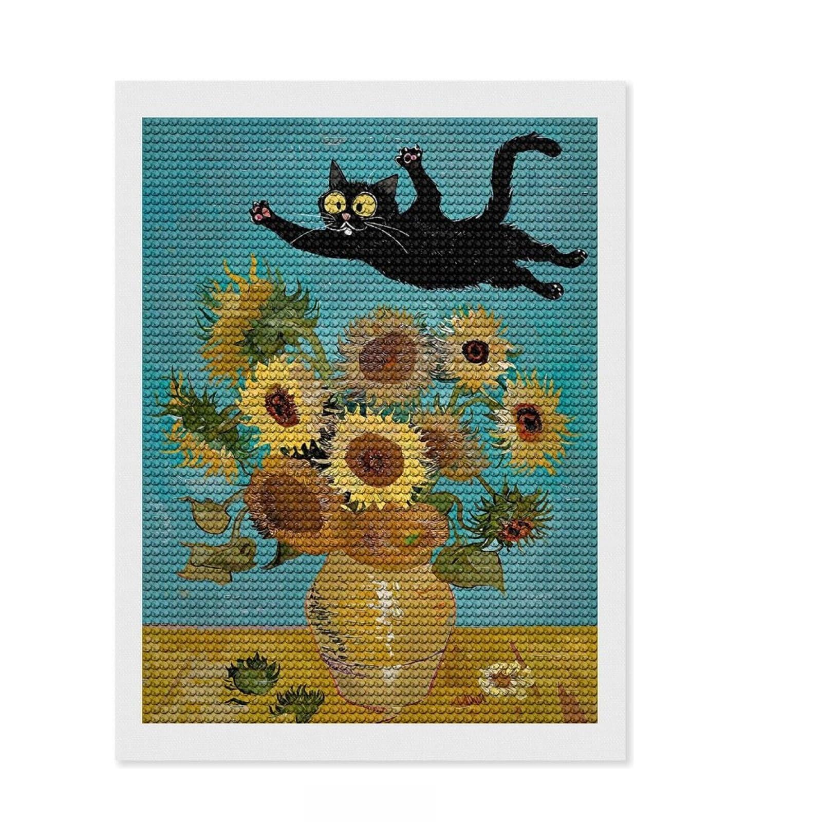 Junmoney Black Cat and Sunflowers Painting Round Drill Diamond Painting 12"x16", with Tool Kit, Easy to Follow Symbols, Farmhouse Decor, for Craft Lovers
