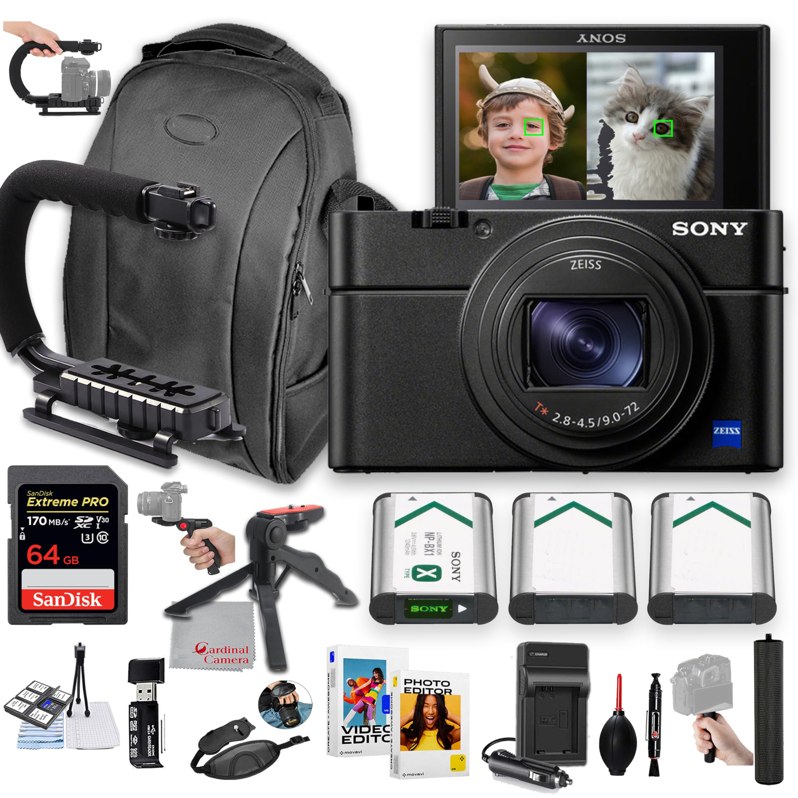 Sony Cyber-Shot DSC-RX100 VII Digital Camera, 64GB Extreme Speed, U-Grip, Tripod, Case, Software, & More – Pro Bundle (24pc)