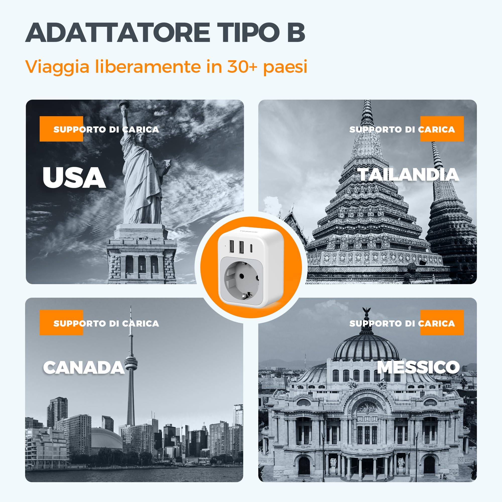 Adattatore Da Viaggio TESSAN Universale - Presa Con 3 USB E USB-C Per Tutto Il Mondo - Foto 8