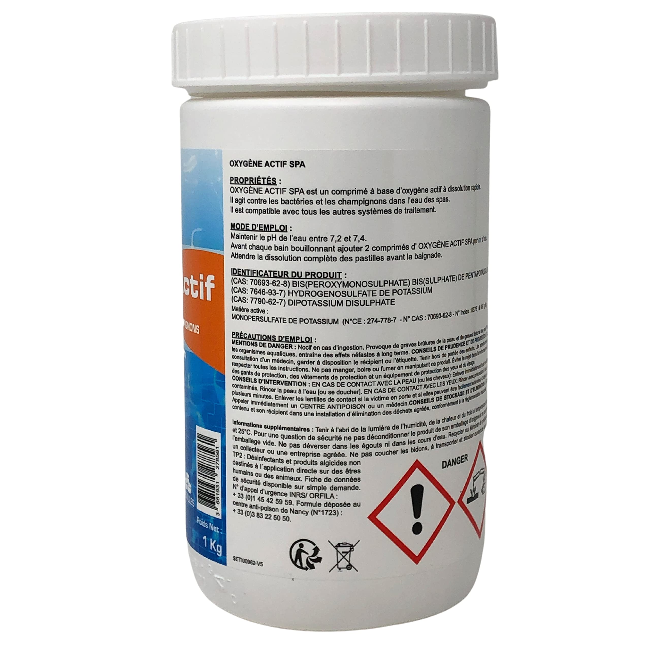 Oxygène Actif pour Spa, Pastilles de 20g, 1KG - Désinfectant Efficace Contre bactéries, Virus et Champignons – Traitement de l’Eau Spa et Piscine sans Chlore