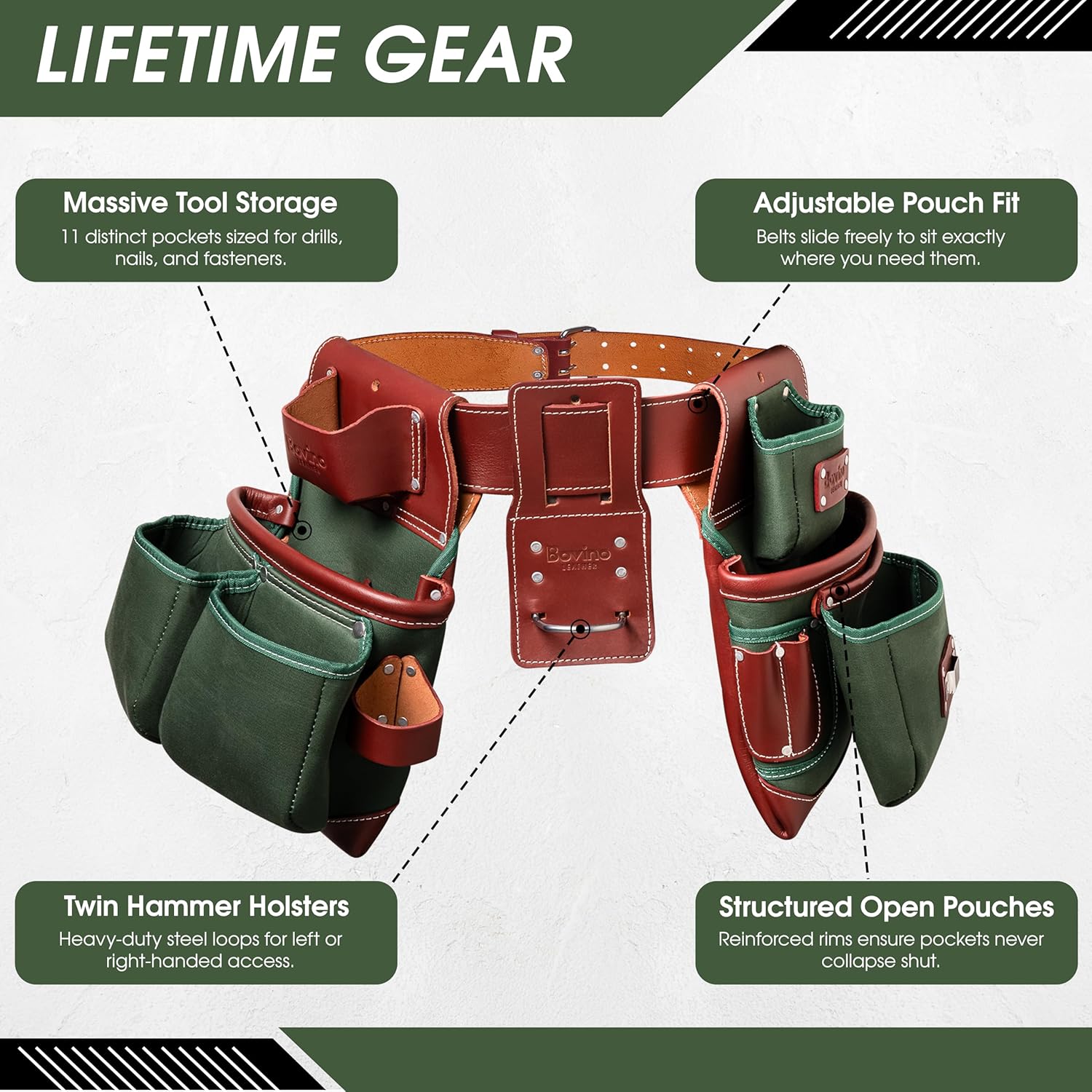 Nylon and Leather Tool Belt | 21-Pockets, Heavy-Duty Framers Belt | Tool Pouches & Hammer Holder | Full-Grain Leather | Work Belt for Carpenters | Roofers | Drywall | Electricians