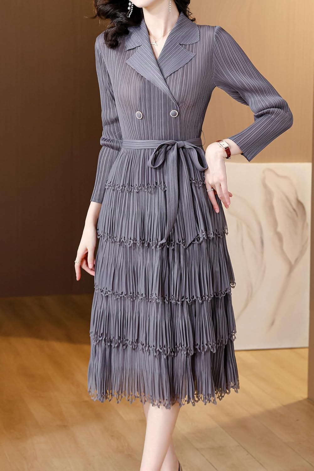 LAI MENG FIVE CATS Women's Pleated V-Neck Stretchy Layered Hem Midi Dress with Belt