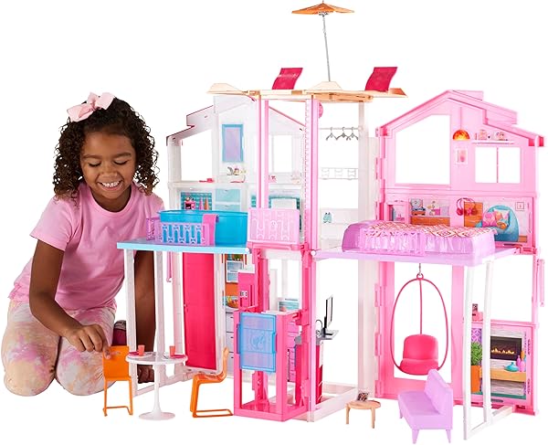 Barbie 3-Story Townhouse Dollhouse with Elevator, Swing Chair, Furniture and Accessories, Fold for Portability and Travel (Amazon Exclusive)