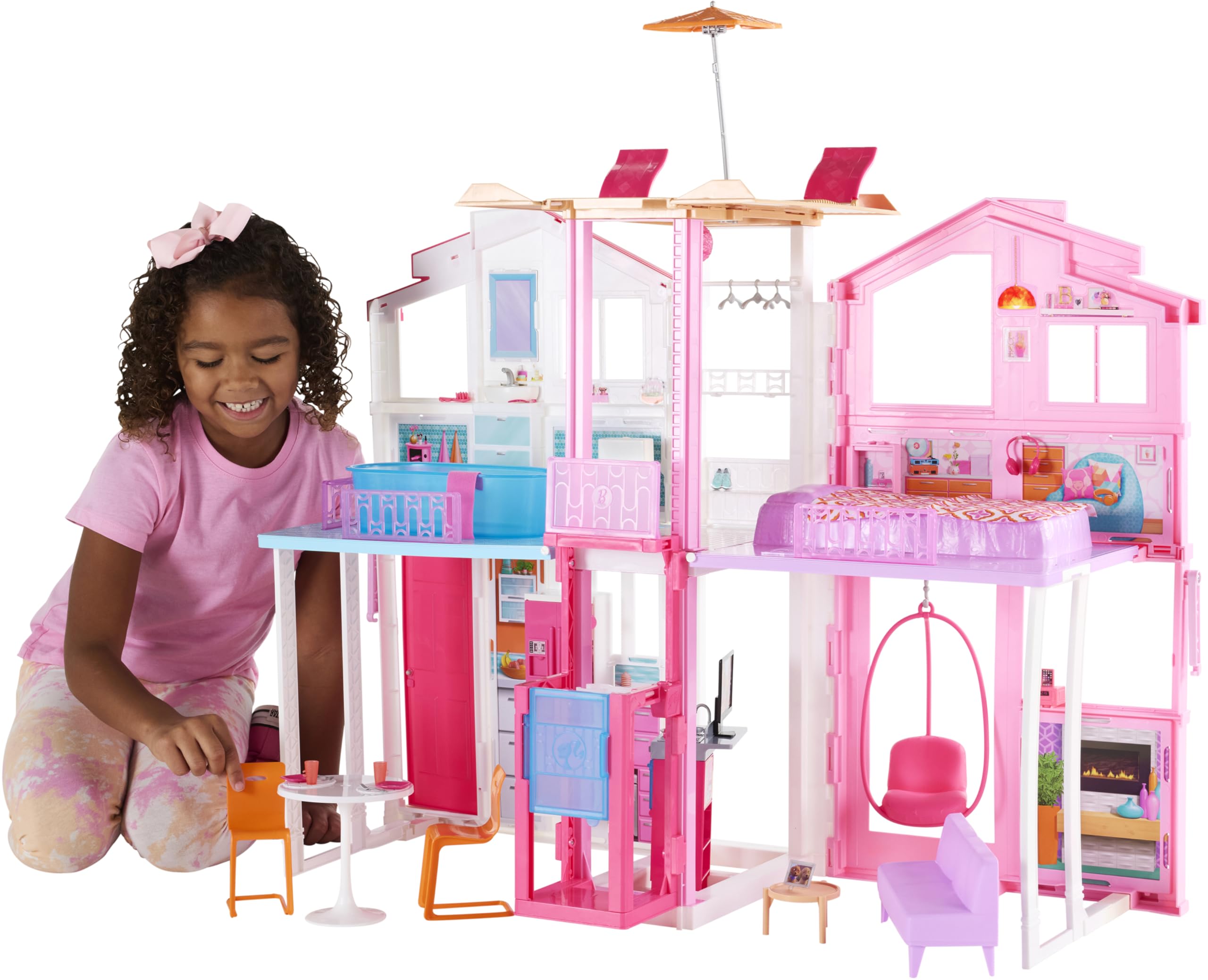 Barbie 3-Story Townhouse Dollhouse with Elevator, Swing Chair, Furniture and Accessories, Fold for Portability and Travel (Amazon Exclusive)