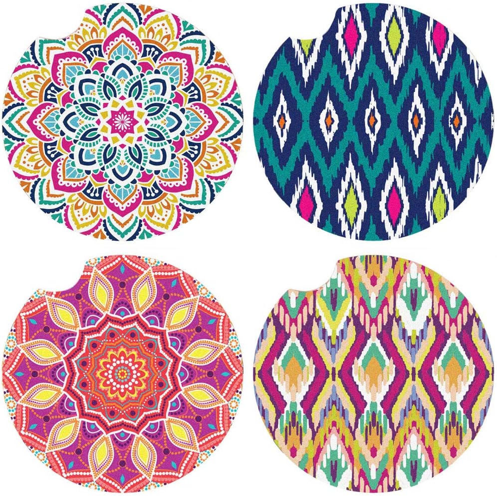 LotFancy Car Coasters Ceramic, 4PCS Boho Absorbent Car Cup Holder Coasters, 2.56inch, Mandala Style for Women Men, with Finger Notch & Cork Base, 4 Patterns