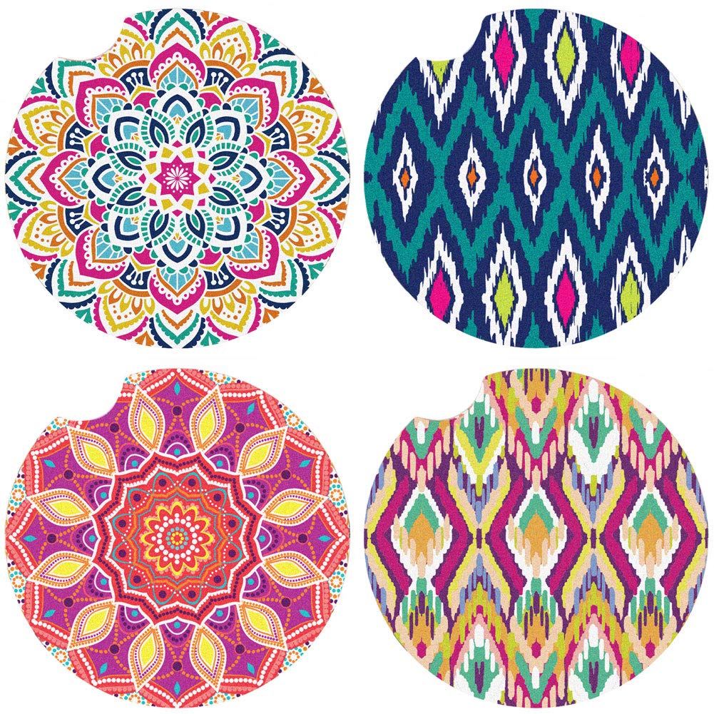 LotFancy Car Coasters Ceramic, 4PCS Boho Absorbent Car Cup Holder Coasters, 2.56inch, Mandala Style for Women Men, with Finger Notch & Cork Base, 4 Patterns