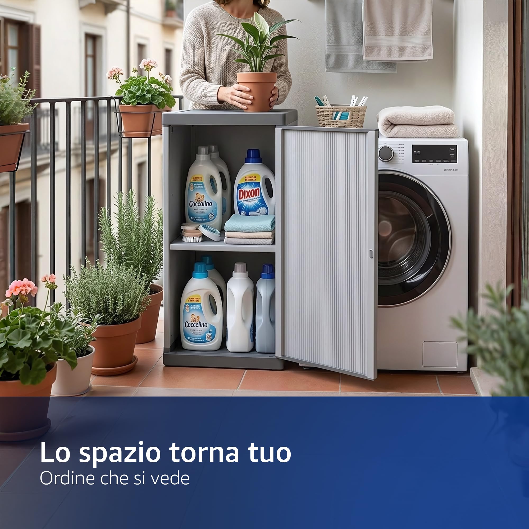 Sicignano Armadietto Modulare in Resina a 1 Anta, Colonna Salvaspazio Stretta con Ripiani Regolabili, Mobile Multiuso per Interno, Esterno, Lavanderia e Bagno, Grigio (cm.34x38x85h, 2 Piani)
