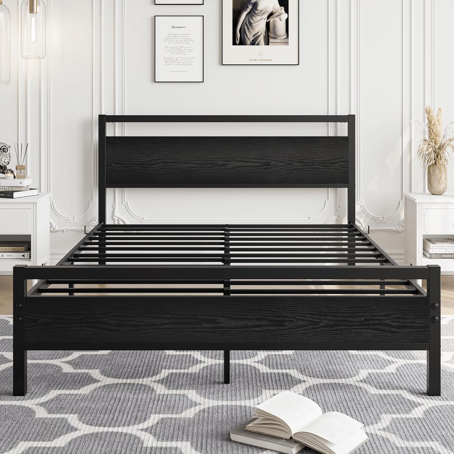 HOJINLINERO Full/Double Bed Frame Full Size with Wood Headboard,Heavy Duty Platform Bed Frame Double No Box Spring Needed,Metal Bedframe Double Bed with Storage,Strong Slats Support,No Noise,Black - Image 7