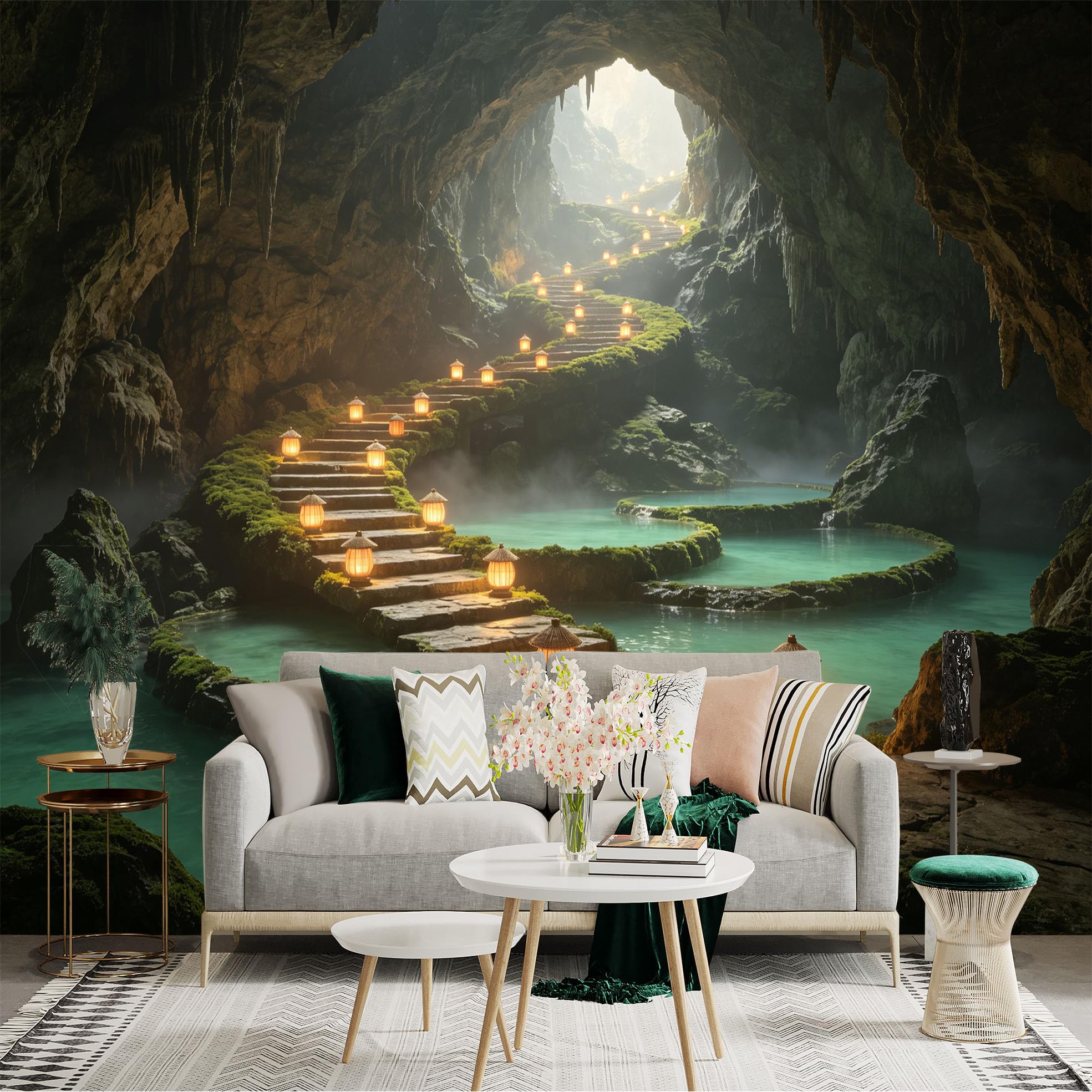 Custom Size Wall Sticker Mural， Enchanted Underground Cave， Glowing Lantern Pathway， Misty Water Pools， Zen Nature Scenery， for wall Decoration， peelandstick wall Decals.