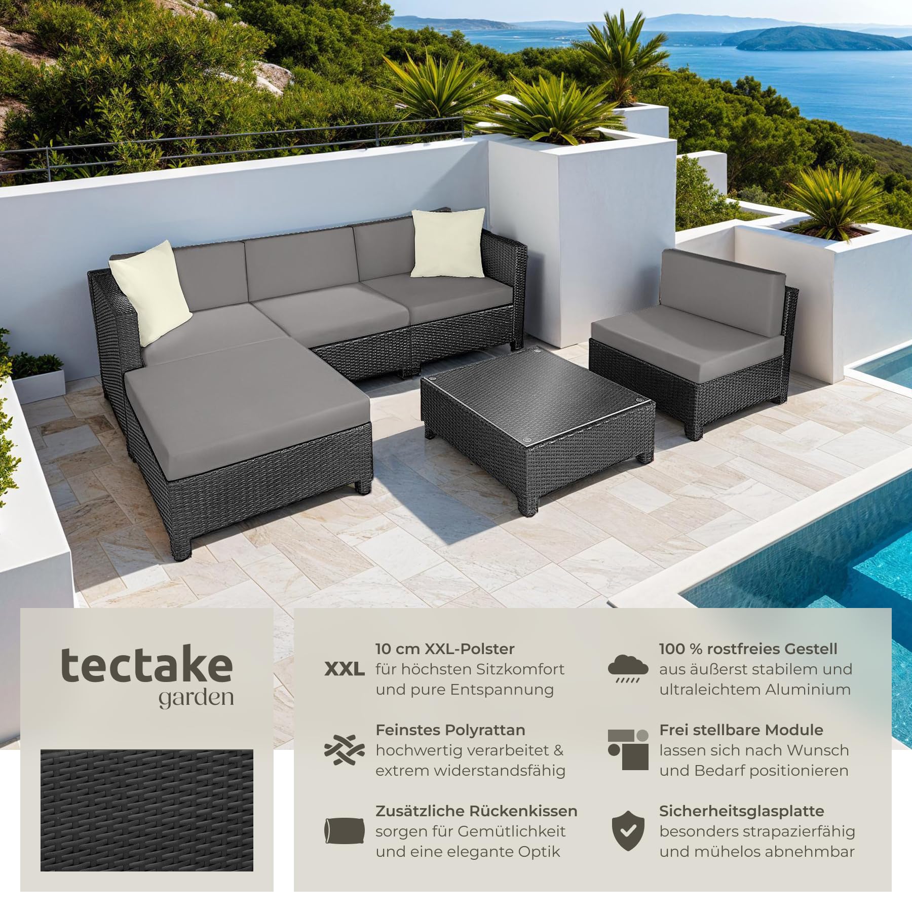 tectake Gartenmöbel Set, Lounge aus Poly Rattan und Aluminium, Balkon Möbel Set mit 10 cm Polsterung und Kissen, ideal für Garten und Balkon, inkl. 2 Sessel, 2 Ecksessel, 1 Tisch, 1 Hocker - schwarz
