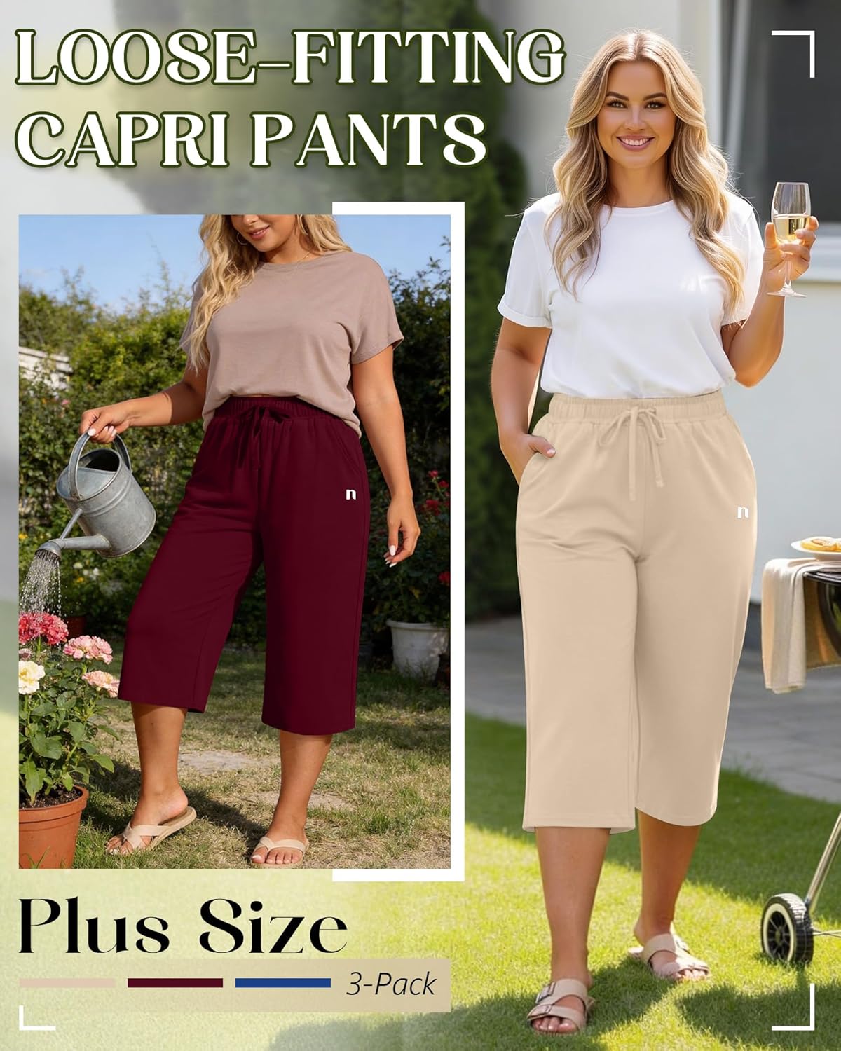 Neer 3 Pack Women's Plus Size Capris,Wide Leg Loose Pants Casual Drawstring Capri Sweatpants Drawstring Pants with Pockets - Image 4