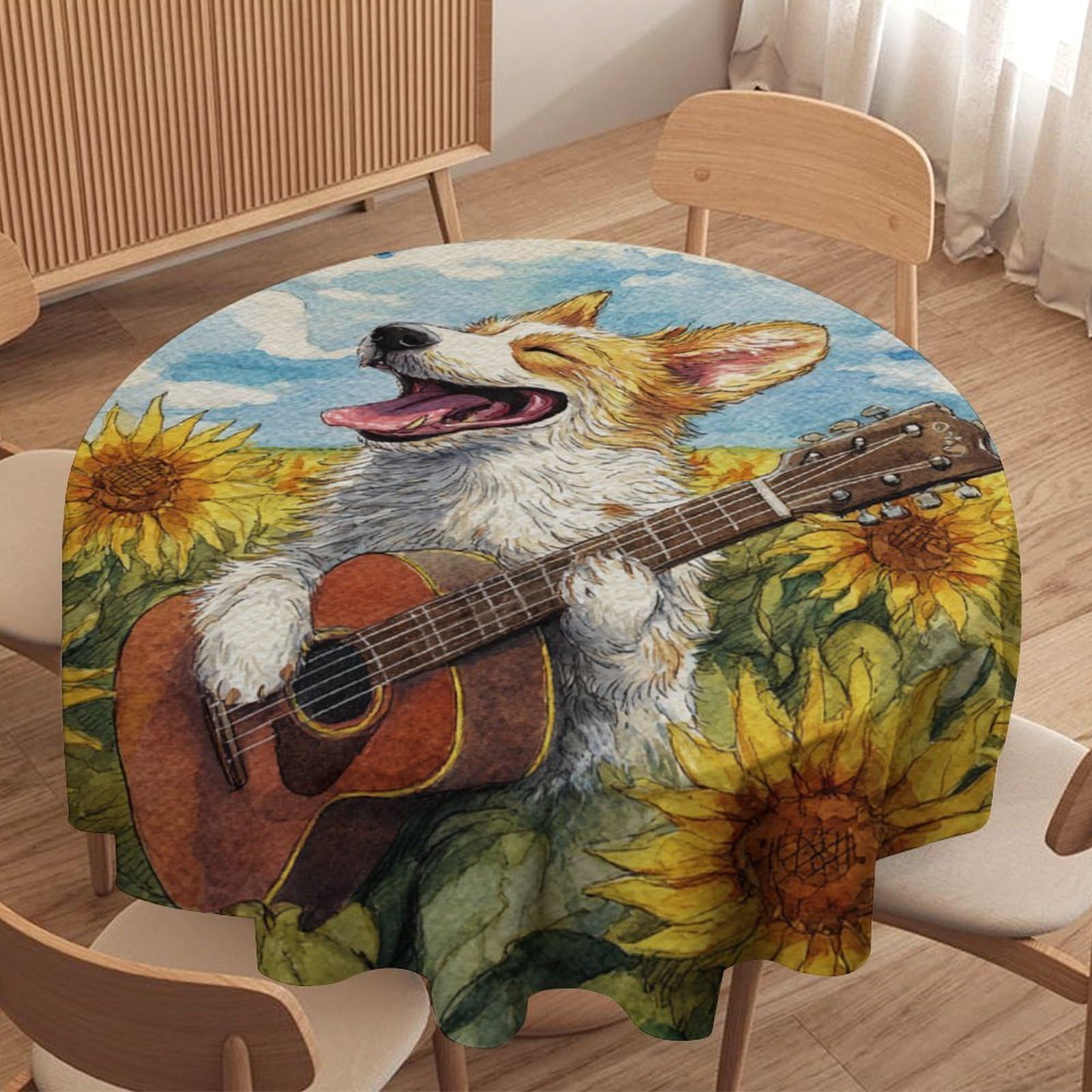 LUYYSKY Beautiful Watercolor Dogs Waterproof Round Tablecloth Funny Anime Spring Farm Sunflowers Animals Puppies Print Washable Table Cover for Kitchen-127 Wx127 L cm