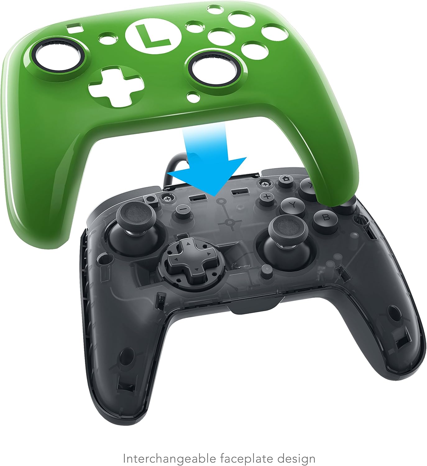 Illustration showing a green Luigi faceplate being attached to the PDP Faceoff Deluxe Wired Pro Controller.