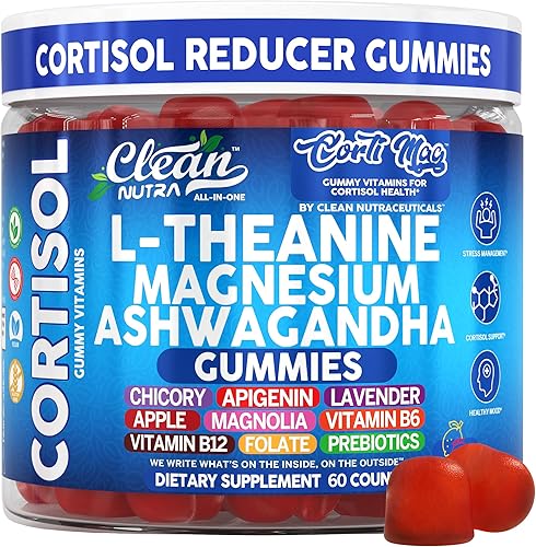 Clean Nutra Cortisol Suplemento Gummies L-Teanina Magnesio Ashwagandha Apigenina Vitamina B6 Apoyo para el sueño y la calma Achicoria Lavanda