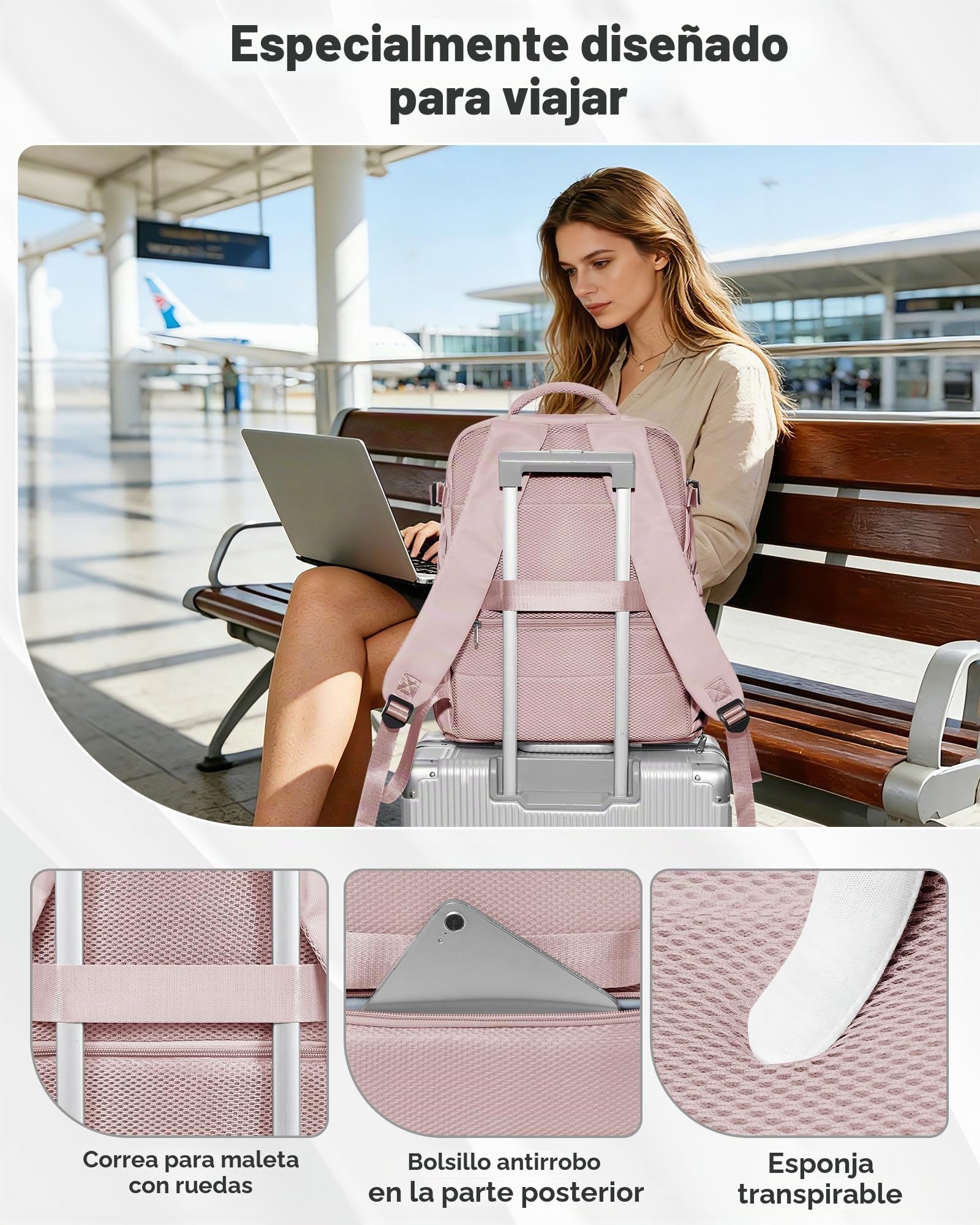 HPLQQ Mochila Viaje Cabina Avion 40x30x20 para Ryanair Mochilas de Vacío con Bomba Bolsa de Cabina Equipaje de Mano Cabina Avion Mochila de Senderismo Mochila Impermeable Cabina Mochila,M-Rosa Claro