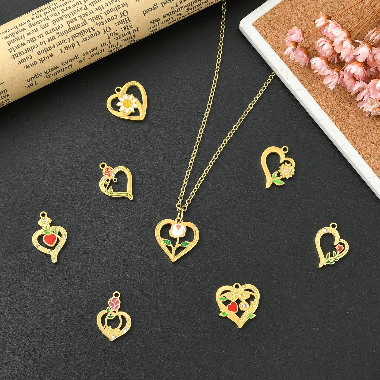 8Pcs 8 Styles Stainless Steel Heart with Enamel Flower Pattern Pendants Golden Cubic Zirconia Love Heart Charms for DIY Jewelry Making Crafts - Image 6
