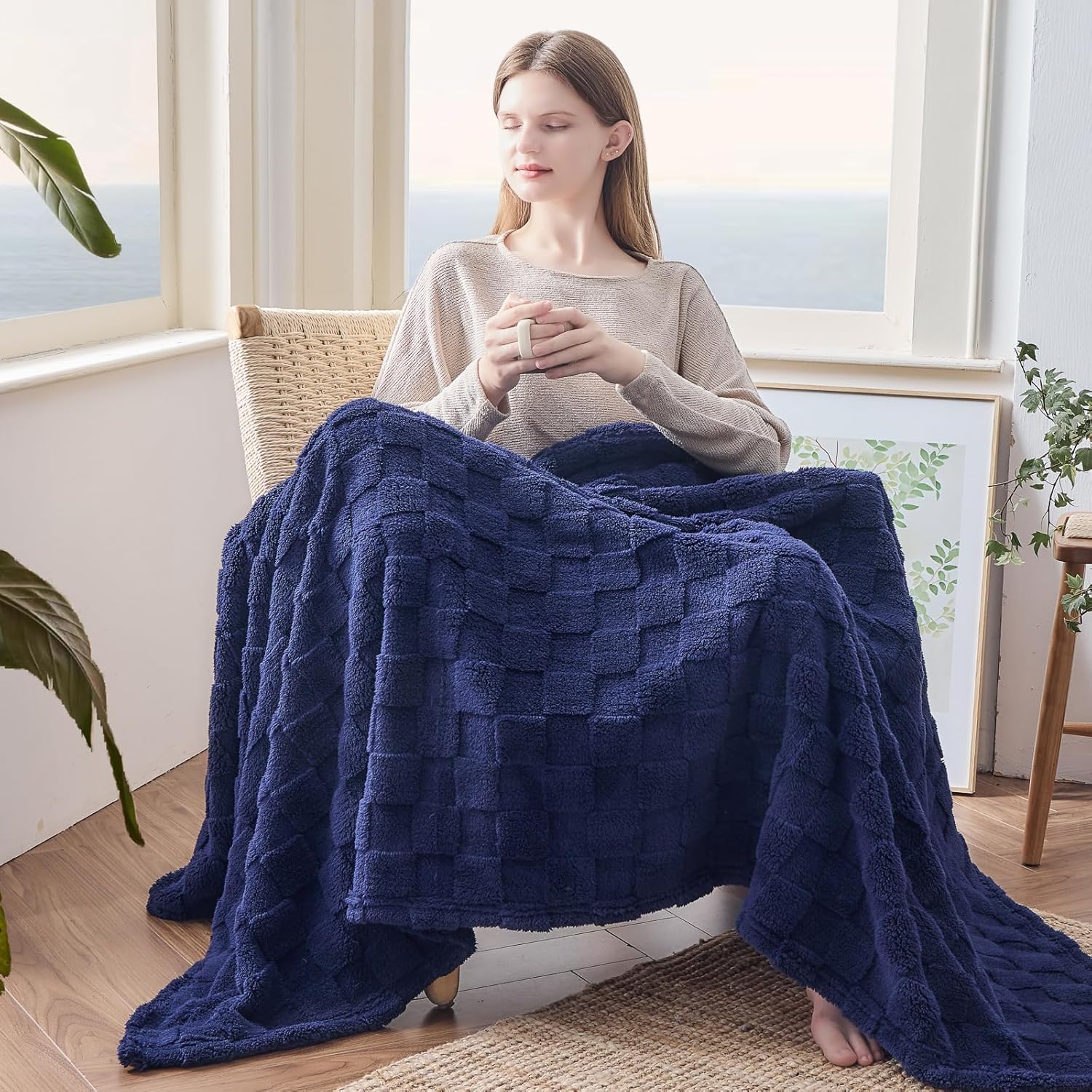 NEWCOSPLAY Super Soft Throw Blanket Dark Navy Premium Silky Flannel Fleece 3D Checkered Lightweight Bed Blanket All Season Use (Dark Navy Checkered, Throw(50"x70")) - Image 3
