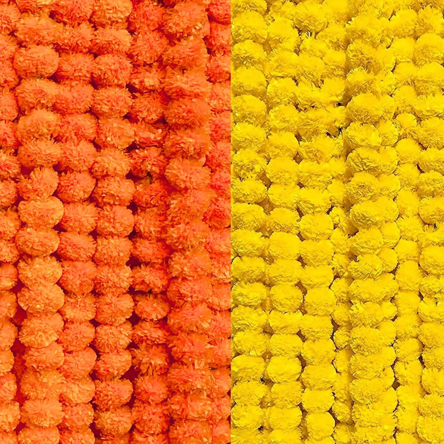 LYFJOY 10Piece Indian Handmade Artificial Genda/Marigold Flowers Garlands Decoration 5Ft Each Long Door Hanging Genda Phool for Wedding Festivals Dark Orange & Yellow