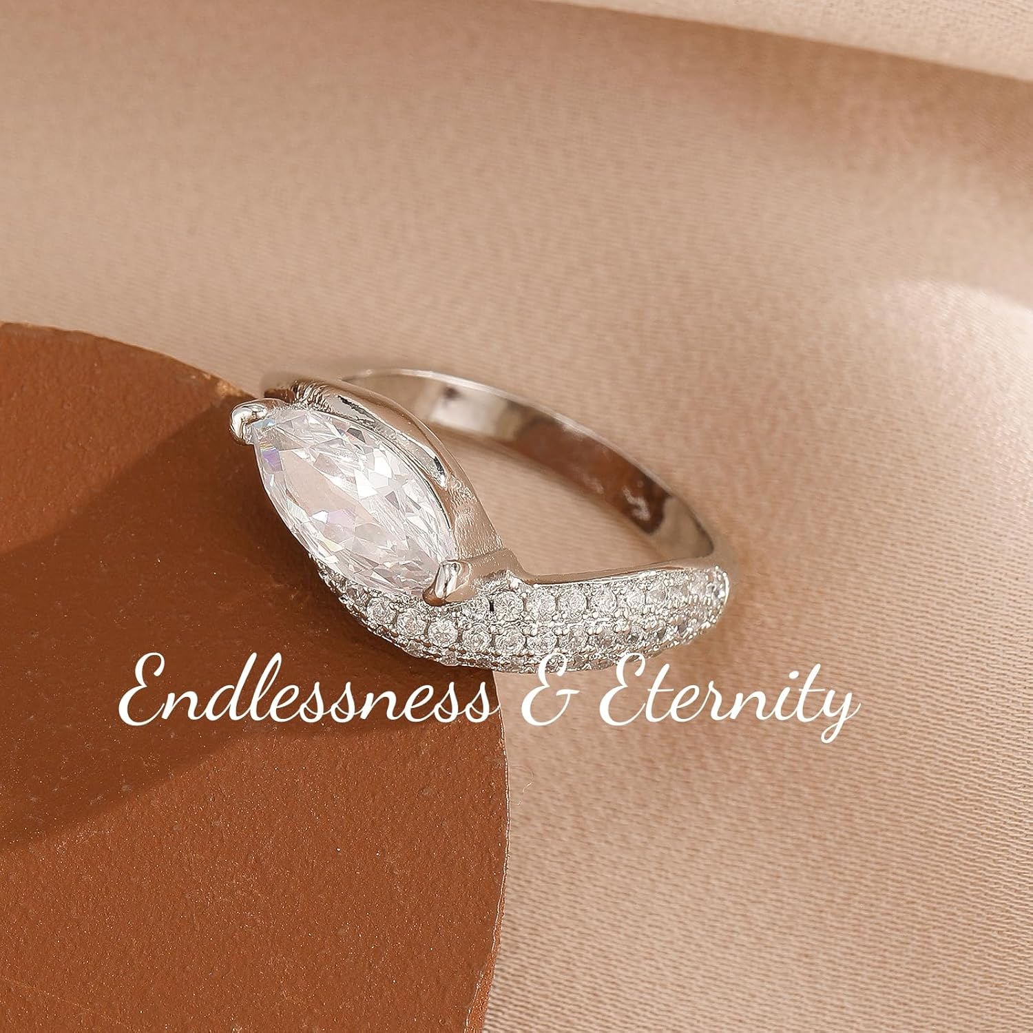 ENDLESSNESS & ETERNITY Marquise Twisted Half Eternity 14K Gold Plated Cocktail Ring Cubic Zirconia CZs Simulated Diamond Stackable Wedding Band Ring Engagement Ring Anniversary Ring Party Ring - Image 5
