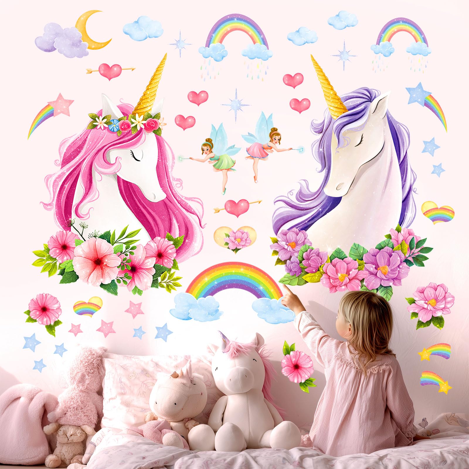 DECOWALL SG-2105 Large Unicorn Wall Stickers Rainbow Kids Colorful Decals Removable for Girls Nursery Bedroom Living Room Art Home Decor Decoration