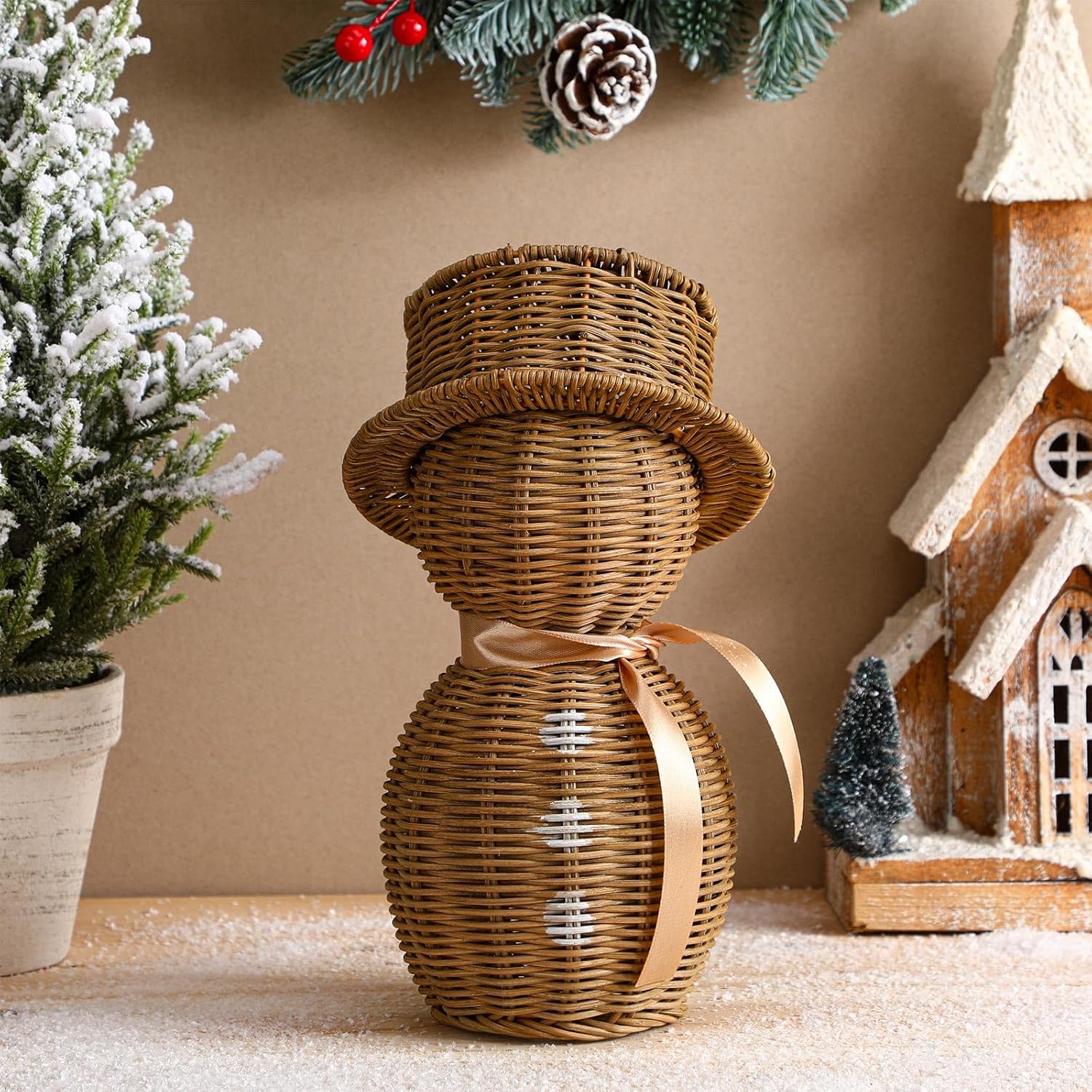 Rattan Snowman with Bow Christmas Decor 12" Table Snowman Christmas Decorations Winter Rustic Decoration for Home Farmhouse Table Kitchen Garden 30 cm Snowman