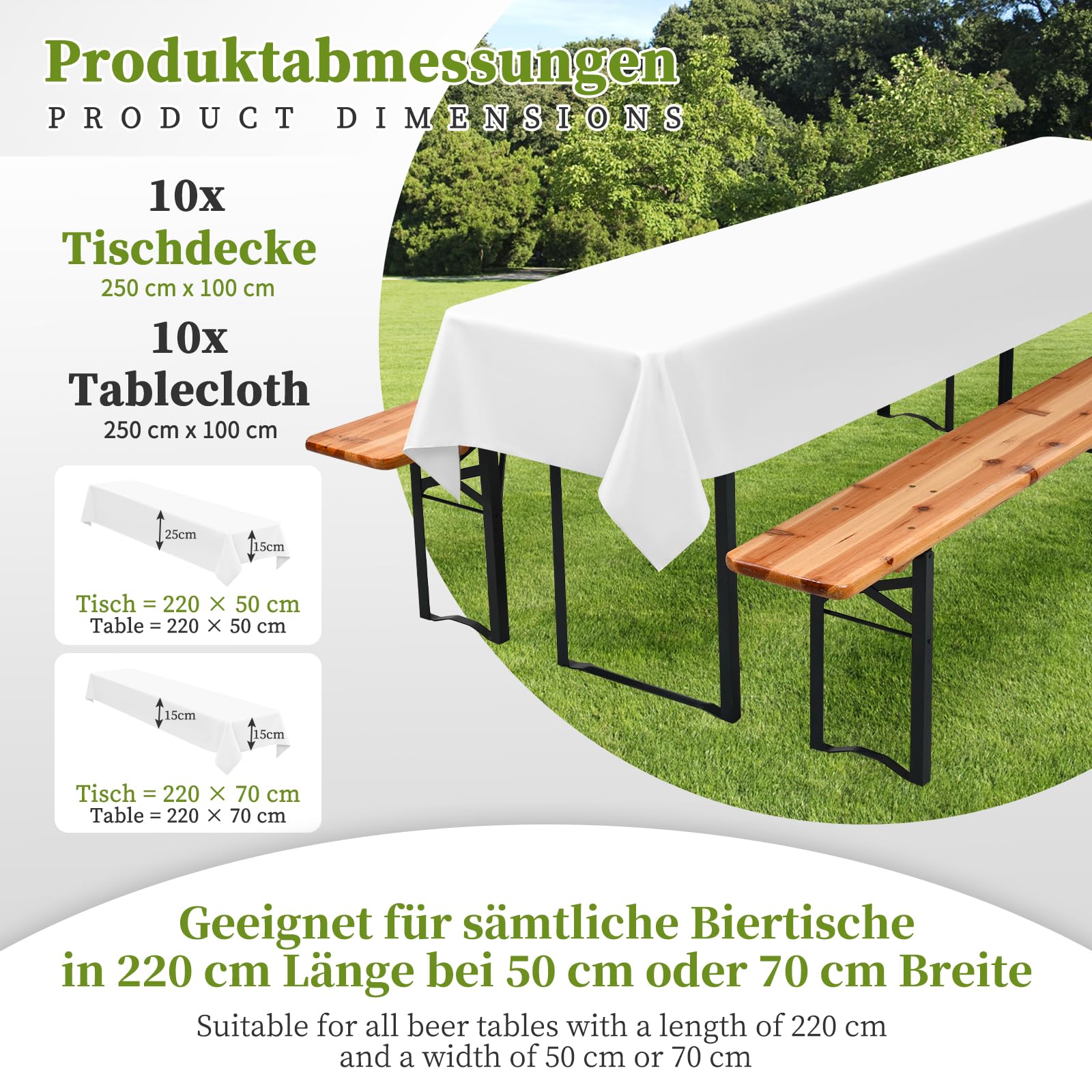 YMHPRIDE 10 tovaglie rettangolari per tavoli da giardino larghi 50-70 cm, bianche, copritavolo lavabili 100x250 cm per mobili da giardino e feste