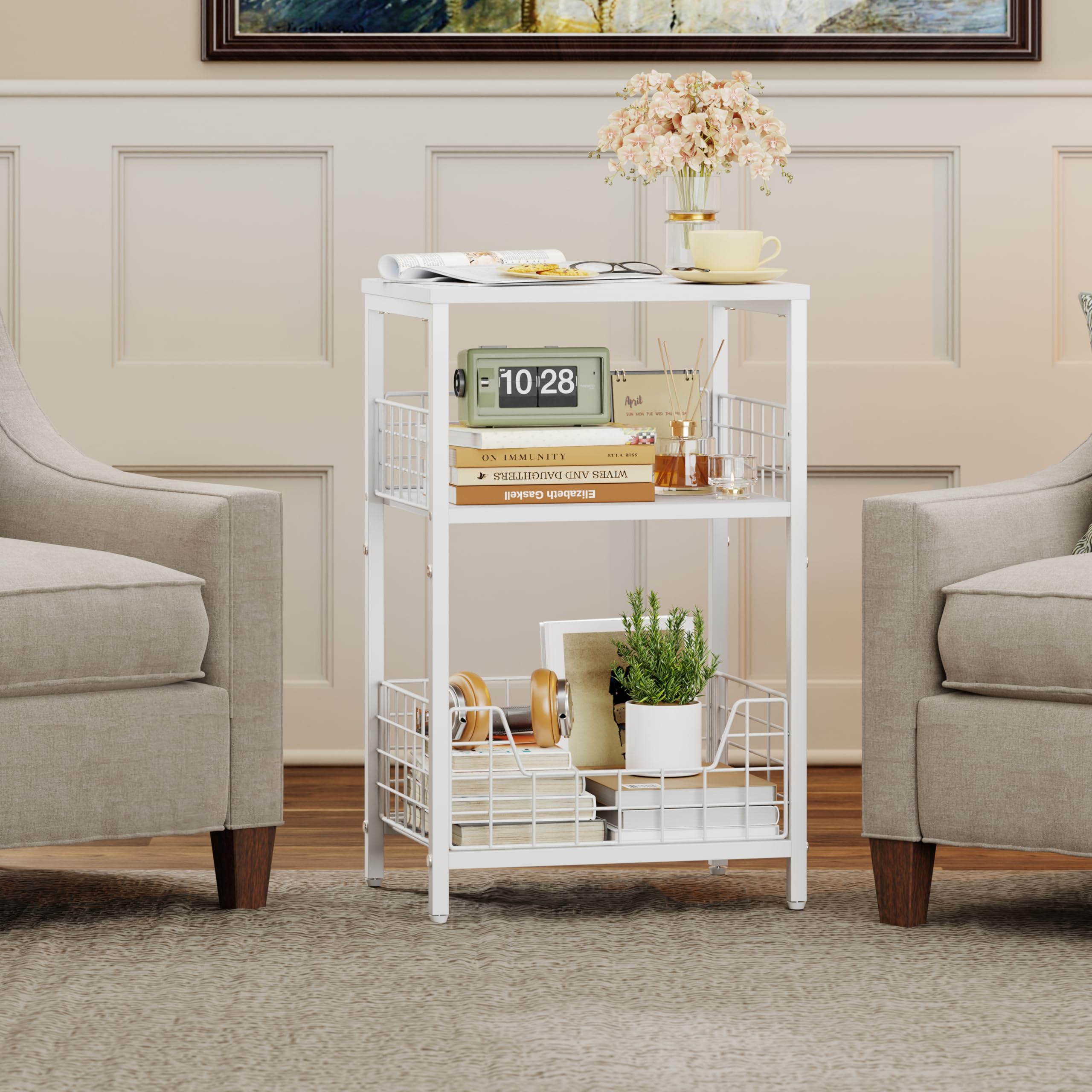 End Table, Small Side Table with Storage, 3-Tier Night Stand for Living Room, Bedroom, Small Spaces, White(Patent Pending)