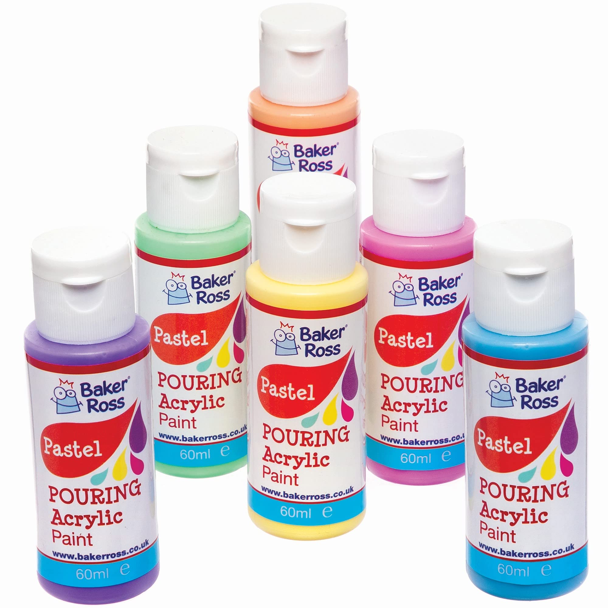 Baker Ross Pastel Pouring Acrylic Paint Set - Pack of 6, Paint for Kids (FC334)