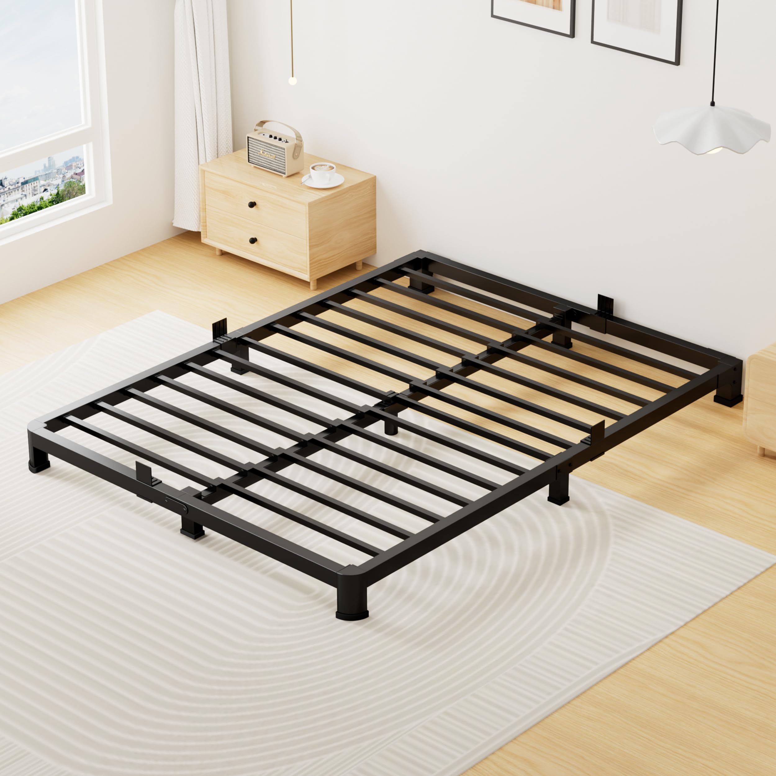 Superay 4 Inch Queen Bed Frame Low Profile, Heavy Duty Metal Platform Bed Frame with Round Corner Legs, Sturdy Mattress Foundation, No Box Spring Needed, Easy Assembly, Noise Free, Black