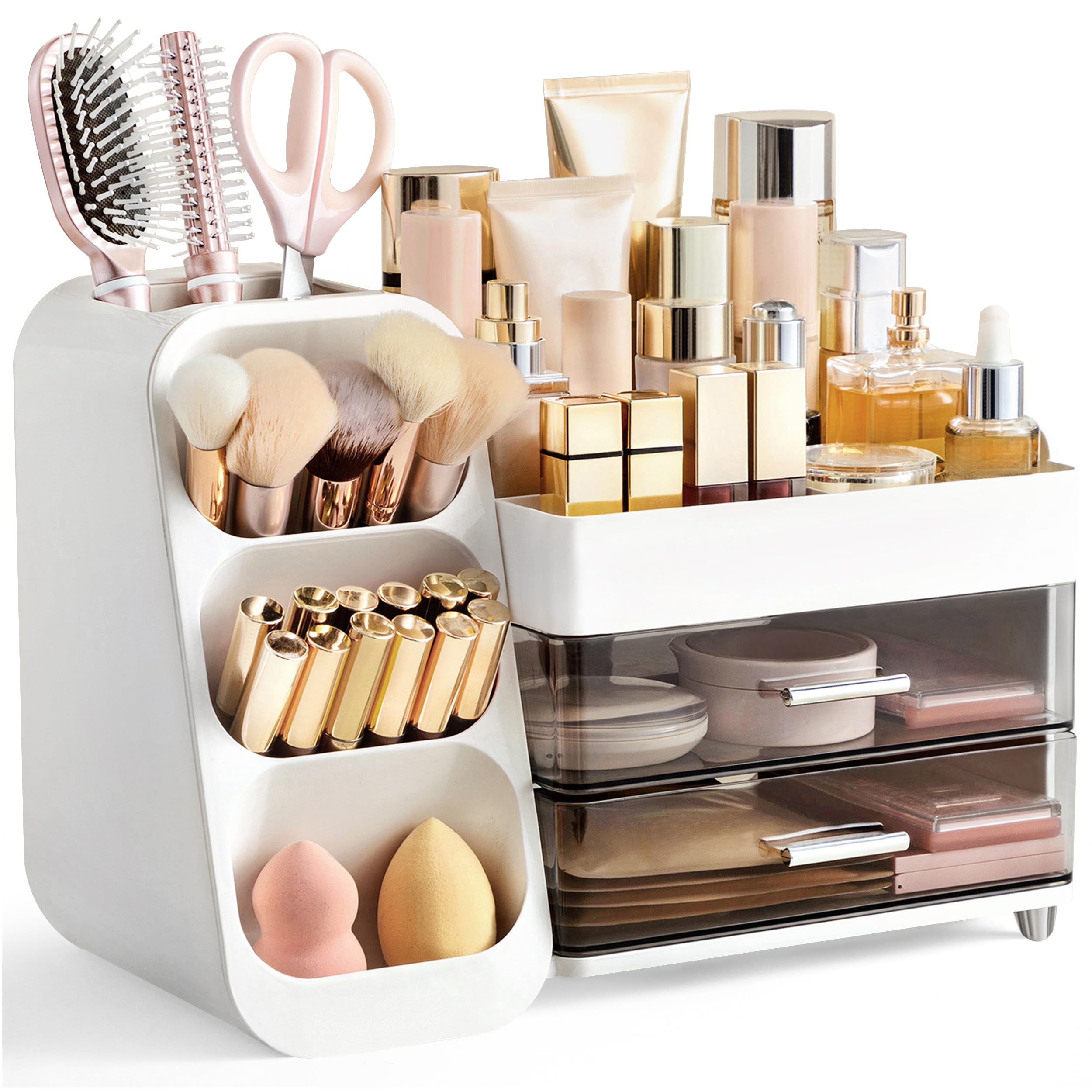 HBlife Makeup Organizer with Brush Holder for Vanity, Large Plastic Bathroom Countertop Organizer Skin Care Storage, Easy to Store Lipsticks, Nail Polishes, Perfumes, Eyeshadow Palettes, White