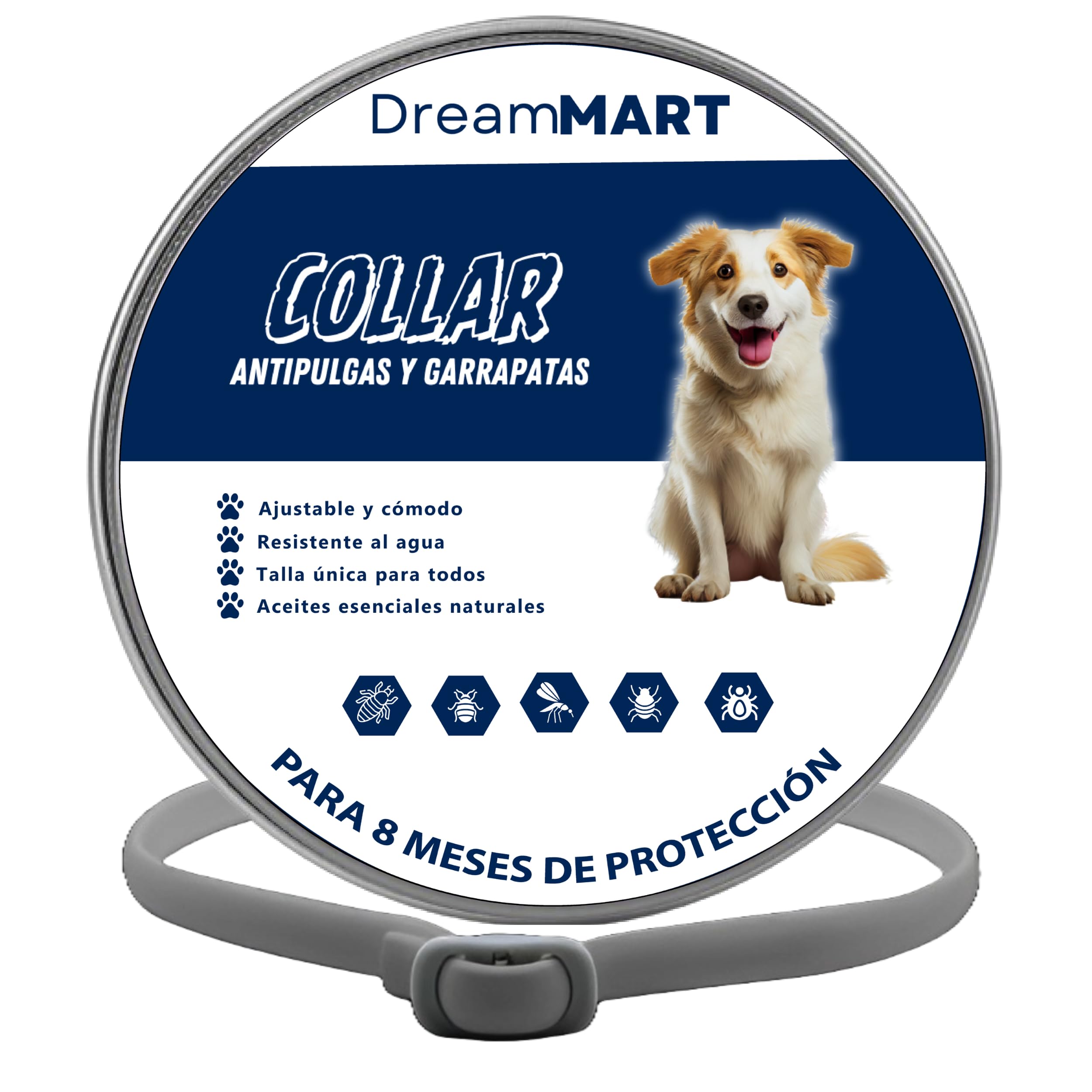 Collar Antiparasitario Perros - Collar contra Pulgas y Garrapatas para Perros y Gatos, 8 Meses de Protección, Collar Antipulgas de 63.5cm para Mascota Pequeño Mediano Grande (Gris)