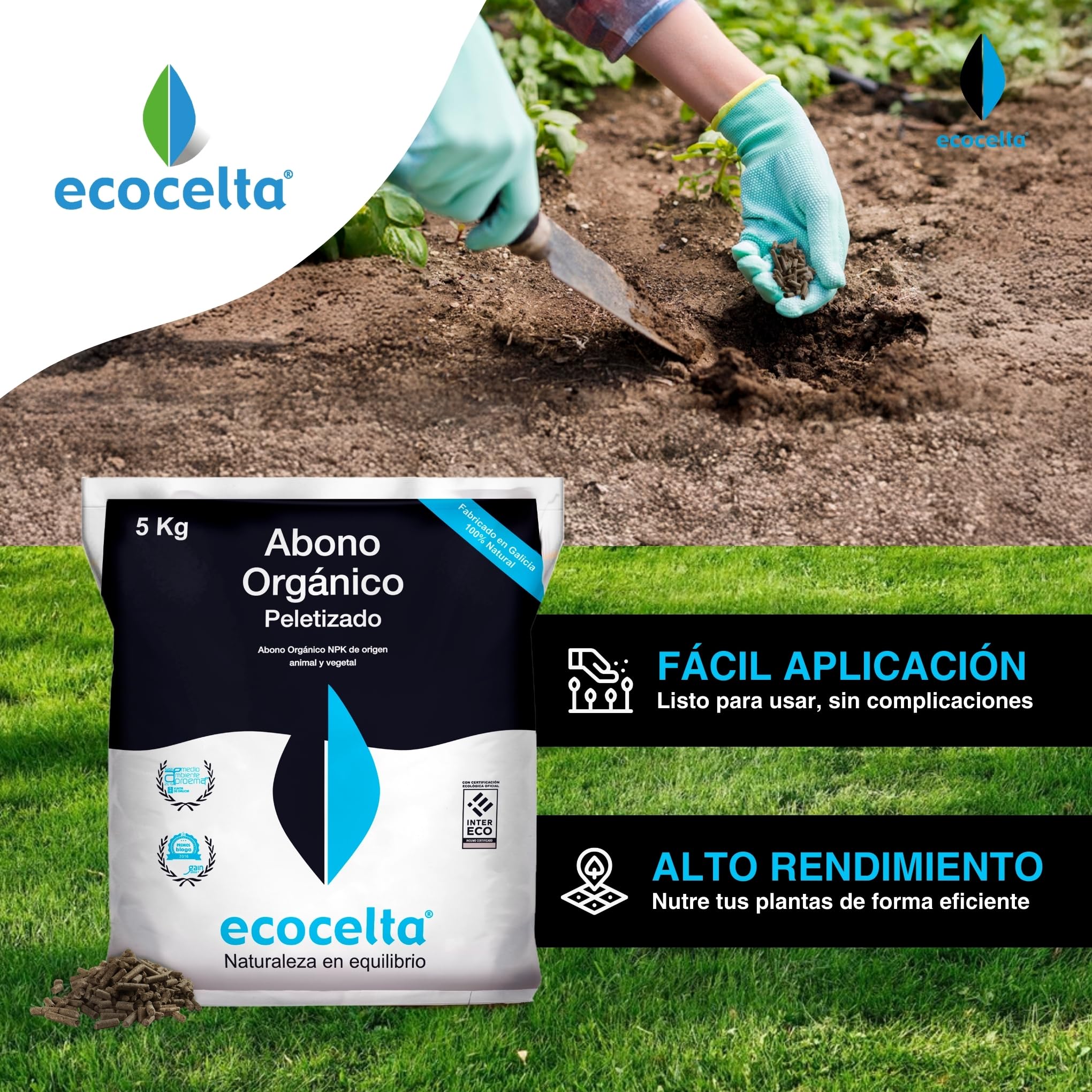 Abono Orgánico Peletizado 5 KG | Fertilizante Natural para Huertos Urbanos, Frutales y Césped | Certificado Ecológico Intereco | Alto Rendimiento y Fácil Aplicación