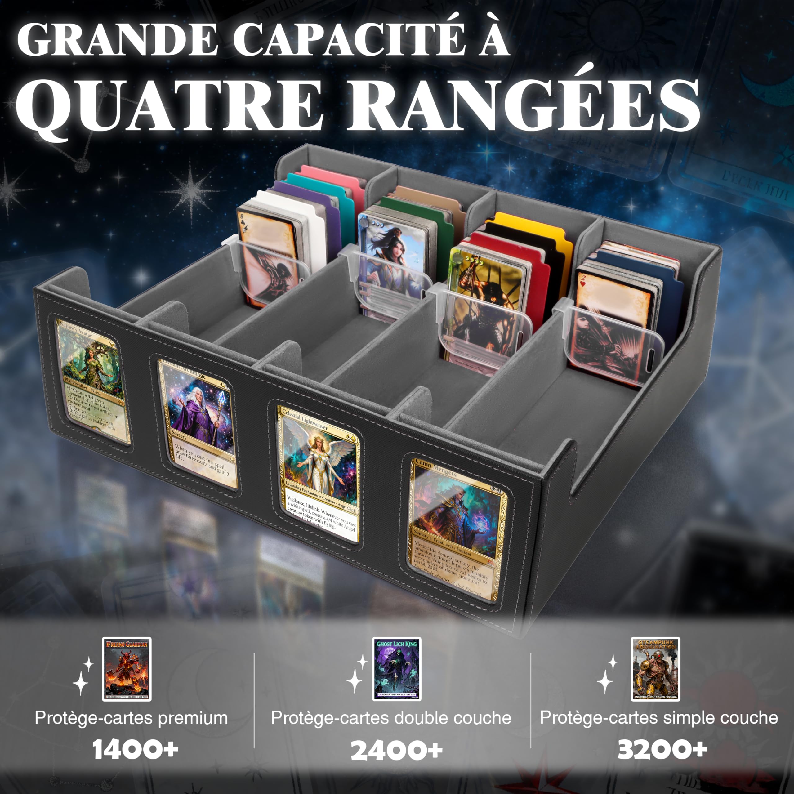 Charmofun Boîte Rangement Carte, Boîte à Cartes pour Plus de 2400+ Cartes Avec 10 Séparateurs, 4 Blocage et Plateau à Dés, Boîte à Rabat Magnétique Avec Cuir Pu et Poignée (Gris, 2400+)