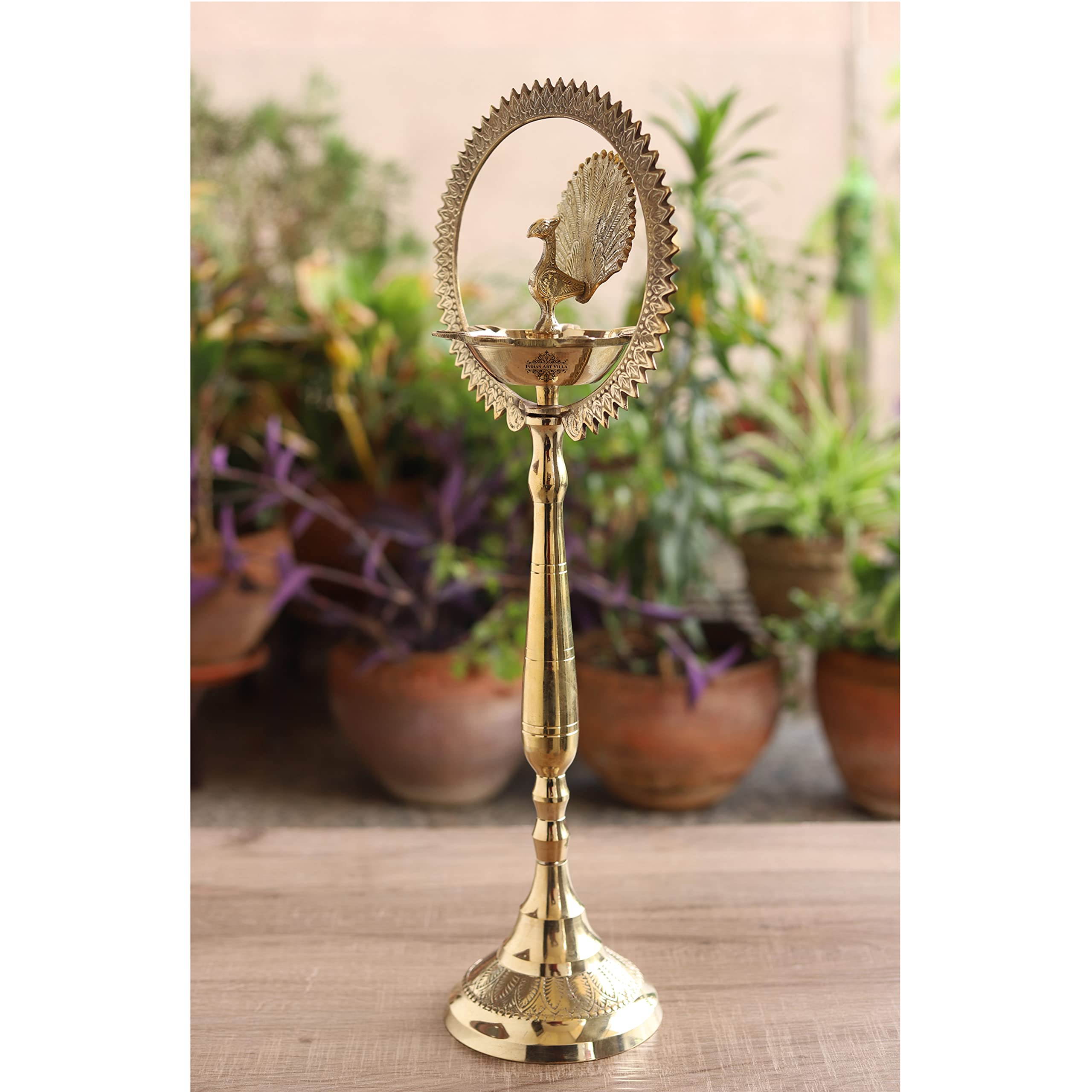 Indian Art Villa Handmade Elegant Brass Peacock Design Diya/Oil Lamp Stand, Poojan Temple Home, Gift Item Home Décor, Height 20 Inches, Set of 2