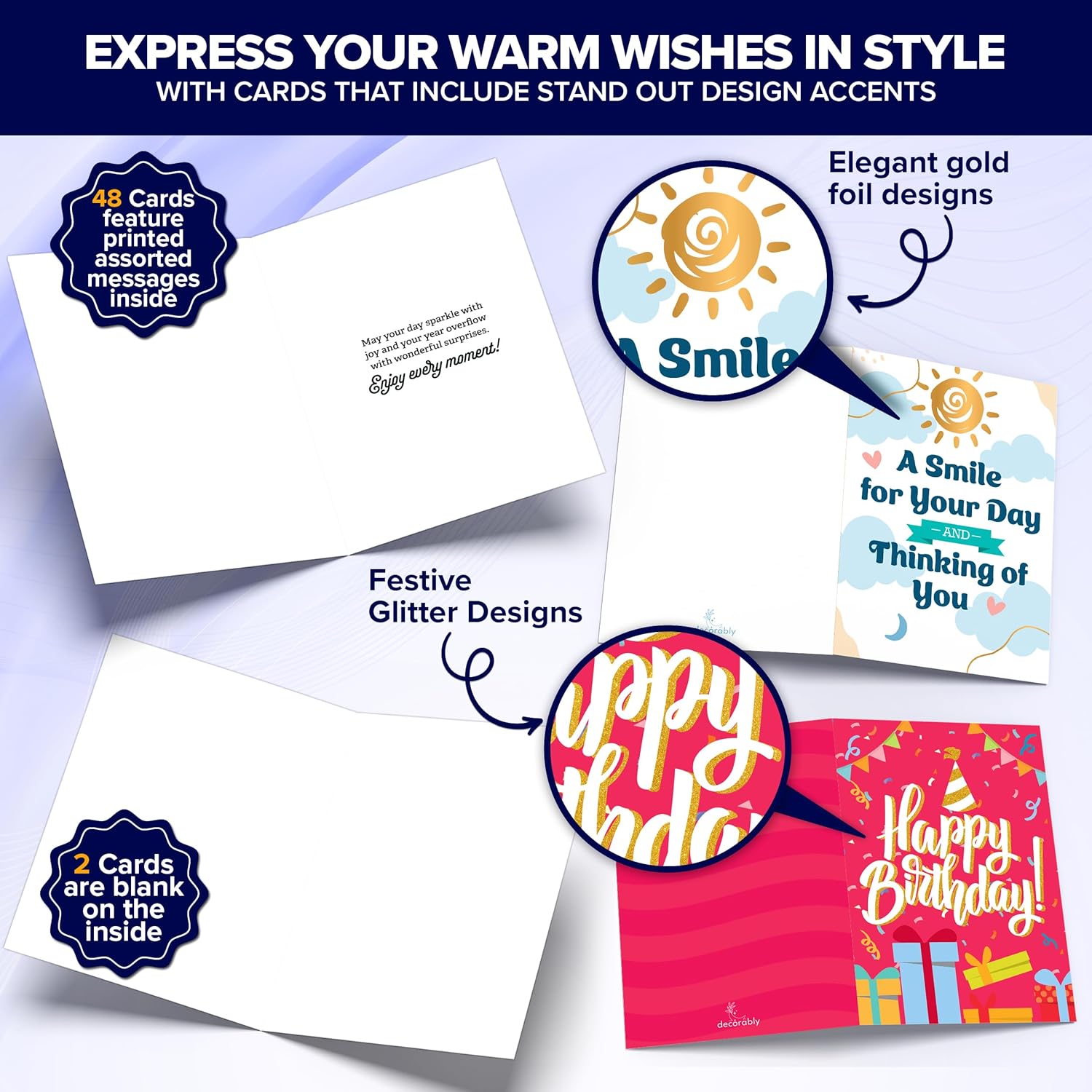 Decorably 50 Pack Gold Foiled & Glittery 5x7in All Occasion Cards Assortment Box with Envelopes & Stickers, 50 Unique Designs for Friends, Family and Loved Ones with Printed Message - Gifting, Mailing - Image 5