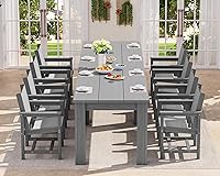 Vista 41 de SERWALL Juego de comedor de patio para 8, juegos de comedor al aire libre para 8 personas con 2 agujeros para sombrilla, mesas rectangulares Blanco