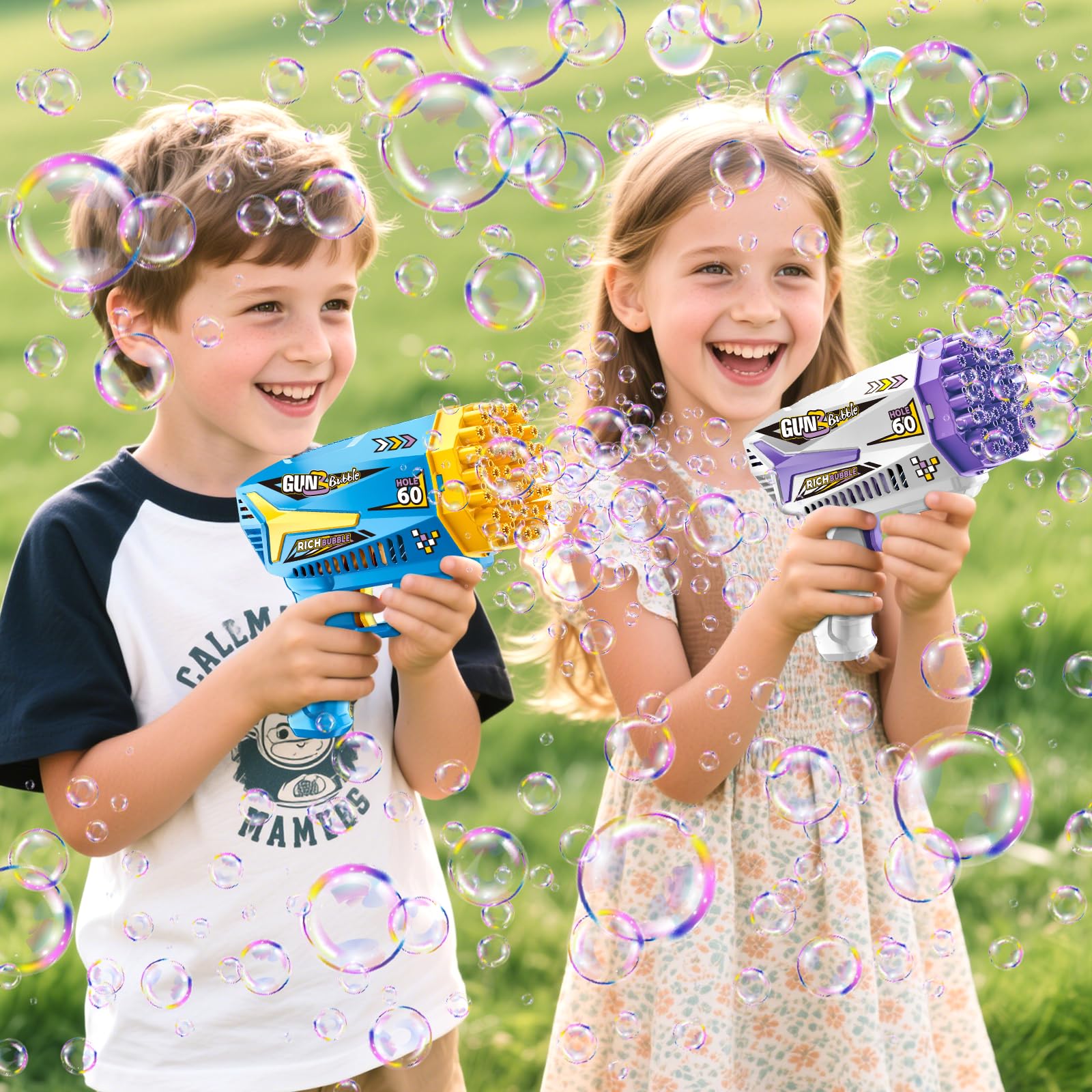 Pistola de Burbujas, 2 Piezas Máquina Automática Pompas de Jabón, con 4 Botellas de solución, 10 Packs Solución de Recarga de Burbujas, para Niños, Adultos, Juguete de Verano