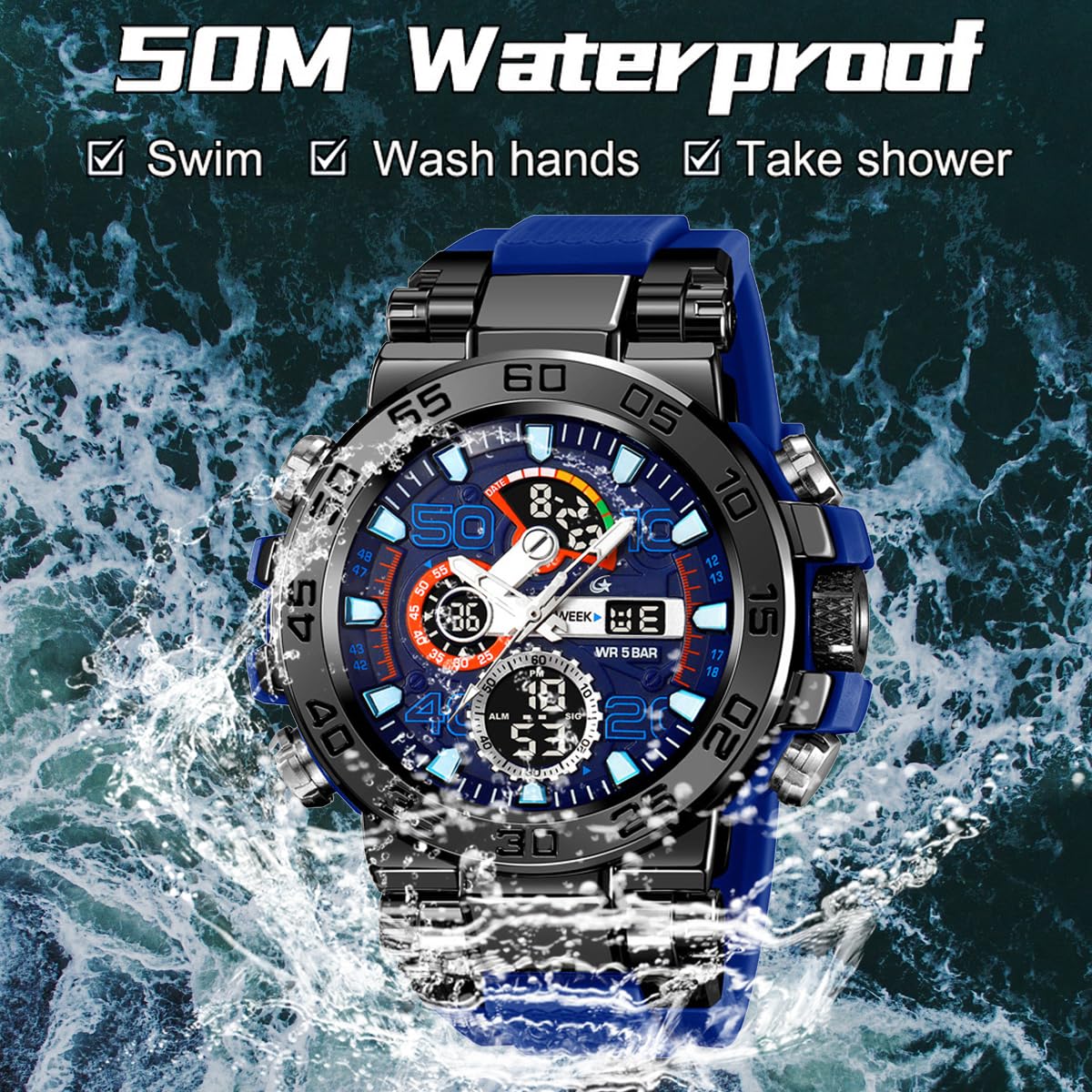 findtime Orologio da uomo sportivo militare, impermeabile, digitale, analogico, tattico, per attività all'aperto, con grande viso, doppio fuso orario, LED luminoso, sveglia e cronometro