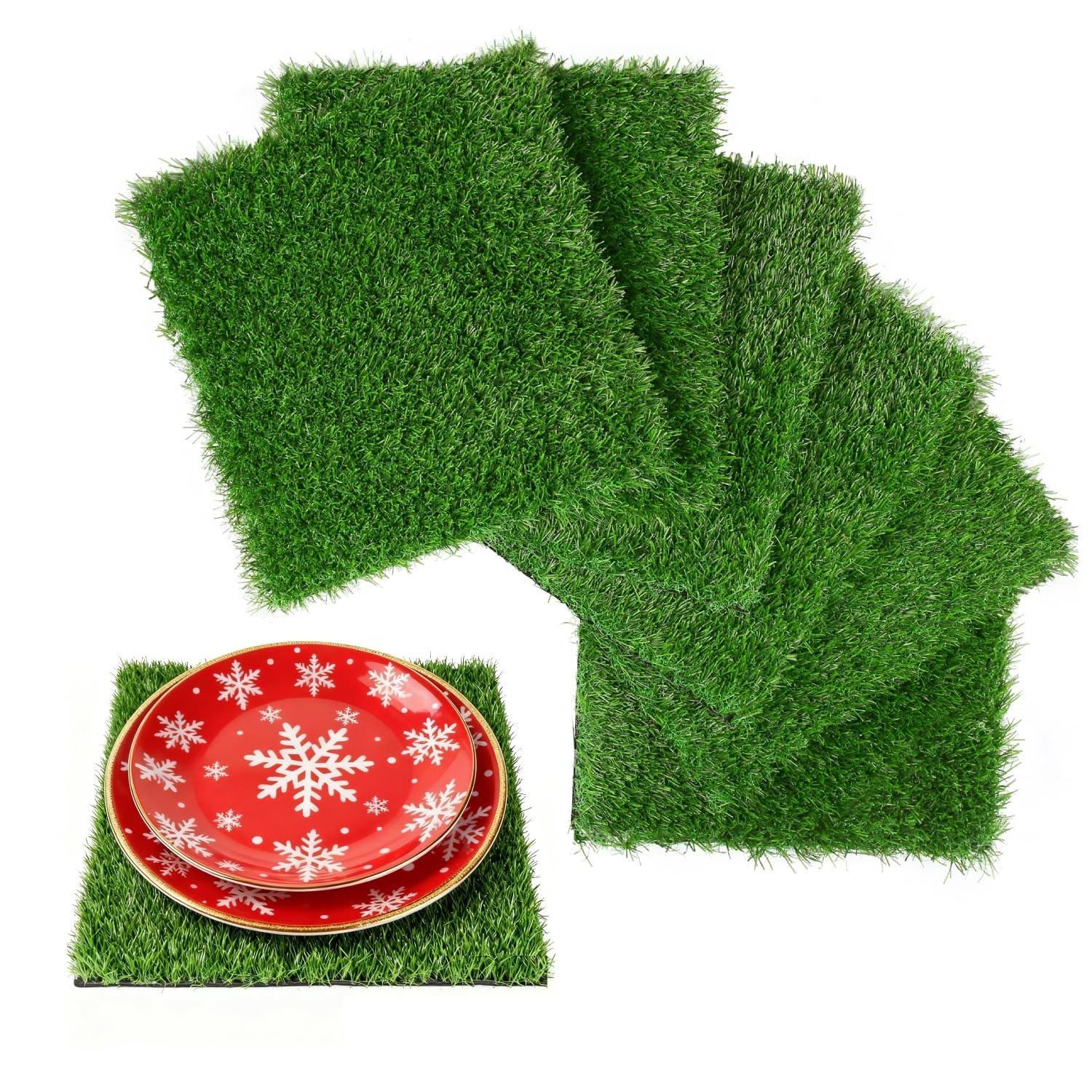 XLX TURF Green Artificial Grass Square Mats for Christmas Party Decor - 6 Pack 12"x12" Fake Grass Tiles Placemats Football Golf Theme Table Centerpiece, Pets Turf Patch DIY Crafts