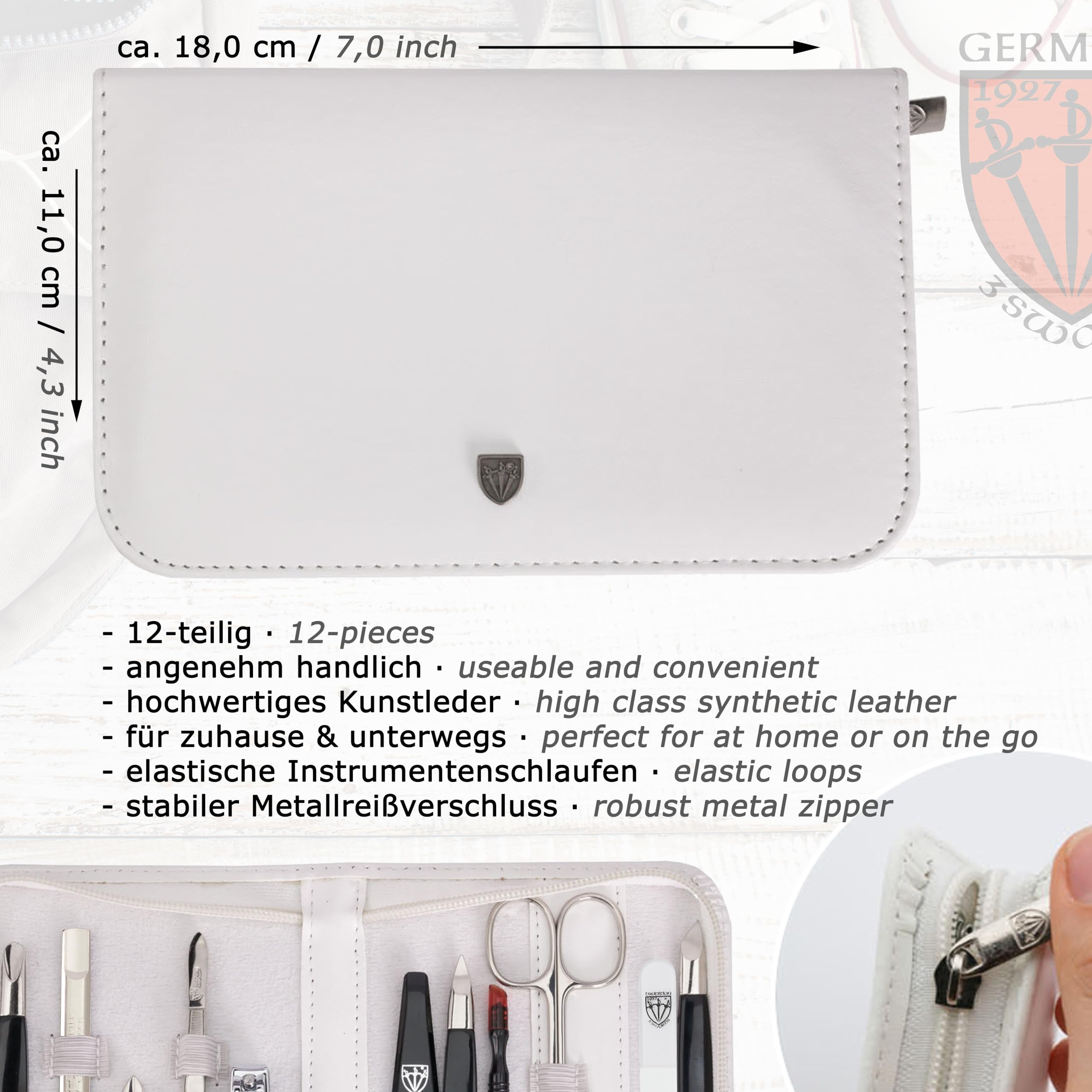 DREI SCHWERTER - 12-tlg. Nagel Set 'Palermo' | Hochwertiges Maniküre und Pediküre Reise-Etui-Set: Farbe: Kunst Leder Weiß| Inhalt: 12 Instrumente inkl. Nagelschere, Nagelknipser, Glasfeile etc.