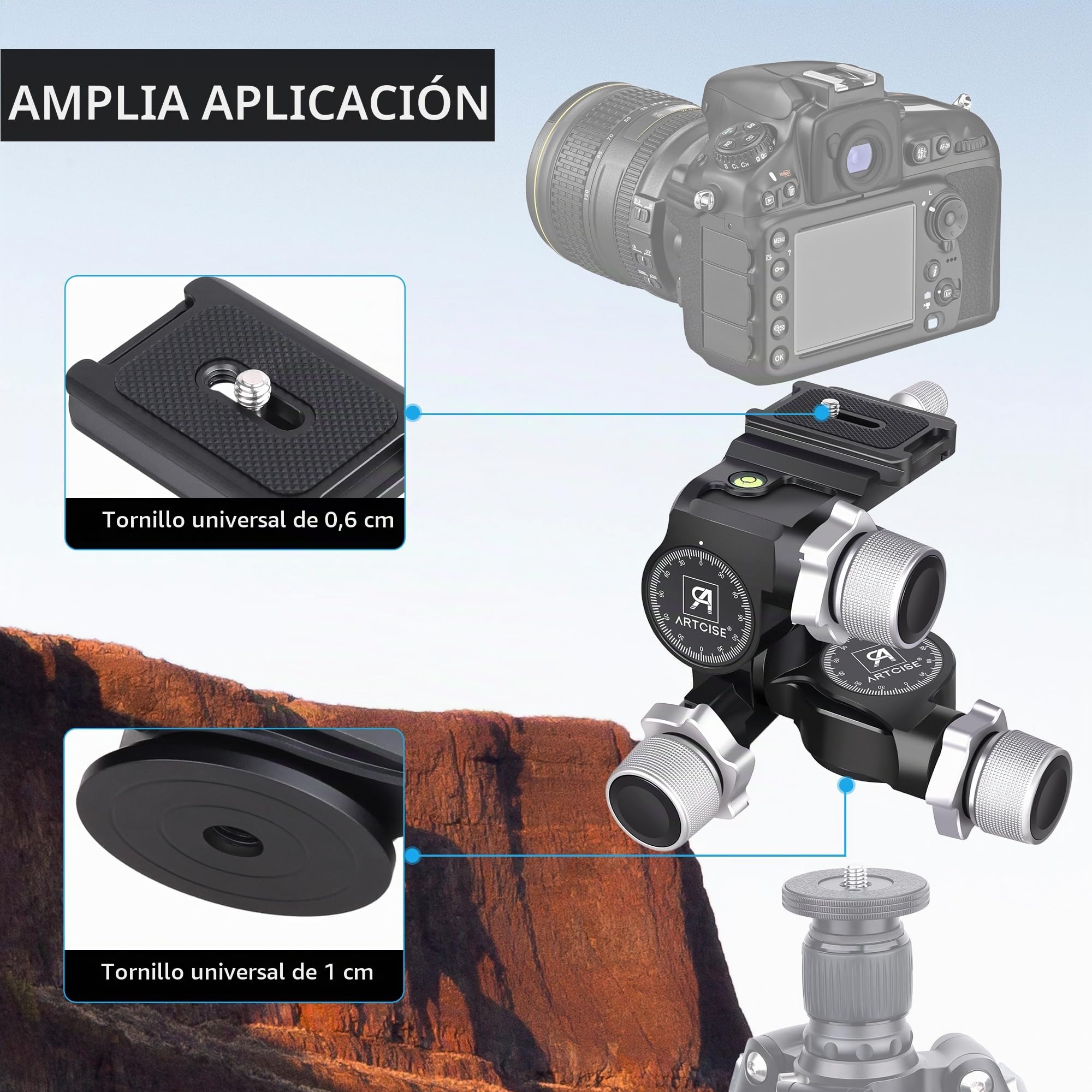 Cabezal de trípode con engranajes de 3 vías, cabezal de trípode con engranajes ARTCISE con placa QR tipo Arca y placa QR panorámica de tipo Arca de 360 °, microajuste milimétrico, carga máxima de 6 kg