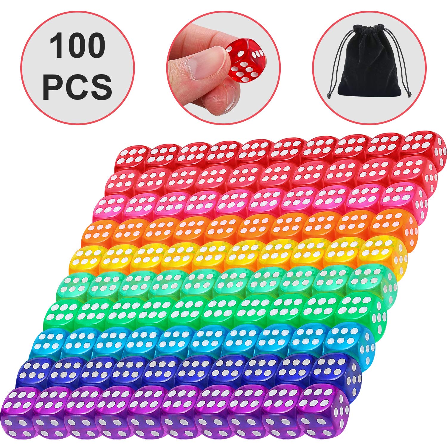 Blulu 6-Sided Games Dice Set, Coloured Dice with Black Velvet Pouches for Playing Games, Like Board Games, Dice Games, Math Games, Party Favours and More (Rainbow Colour, 14 mm)