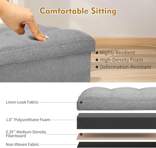 Miniatura 7 de Otomana de almacenamiento con asiento acolchado de espuma extragruesa, taburete reposapiés plegable con tela de lino, otomana de 43 L con banco de