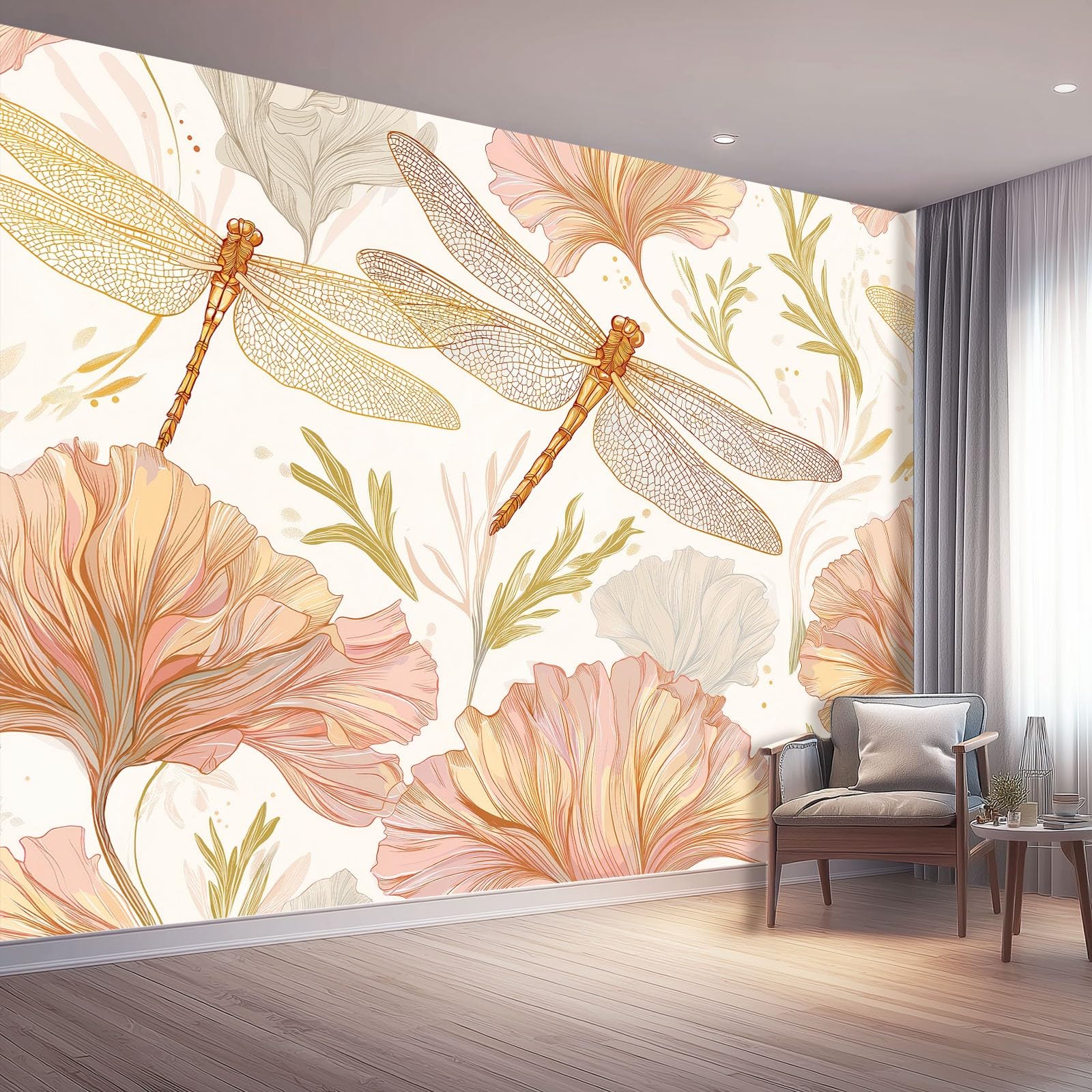 Tapeta z włókniny 350 x 256 cm, kwiatowy wzór ważki, dekoracja ścienna do głównej sypialni i salonu, kremowa