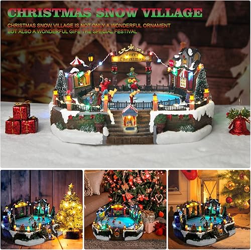 Miniatura 14 de Decoración navideña de edificios coleccionables, figuras musicales de pueblo navideño, globo de nieve con tren giratorio, 8 música, Aldea