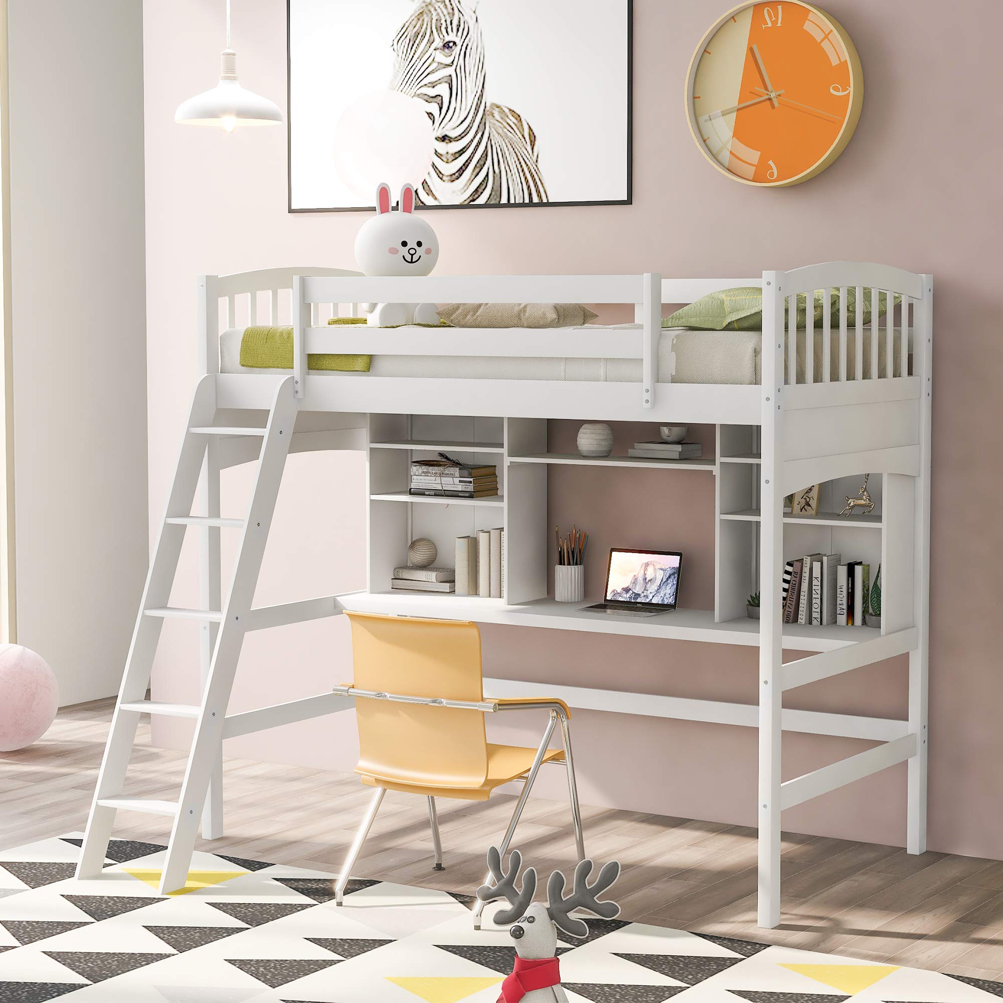 Buy Twin Size Loft Bed Frame, Solid Wood Bed with Storage Shelves