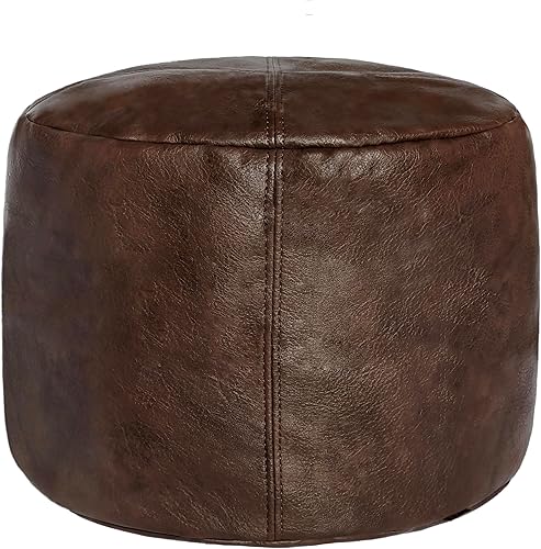 Thgonwid Unstuffed Faux Leather Pouf Cover, Handmade Footstool Ottoman Storage Solution, Floor Footrest Cushion - 16.5”Dx12”H, Matte Coffee Café