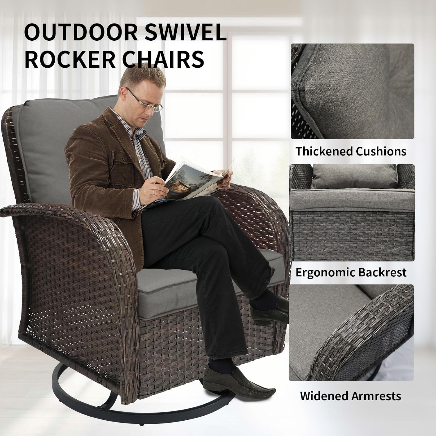 YLGJ&TIDY 3 Pieces Patio Furniture Sets Swivel Rocker Rattan Chairs Set of 2 with Cushion Side Coffe Table Wicker Patio Bistro Set Glider Chairs Table Set for Patio Balcony Backyard Outdoor, Gray-3